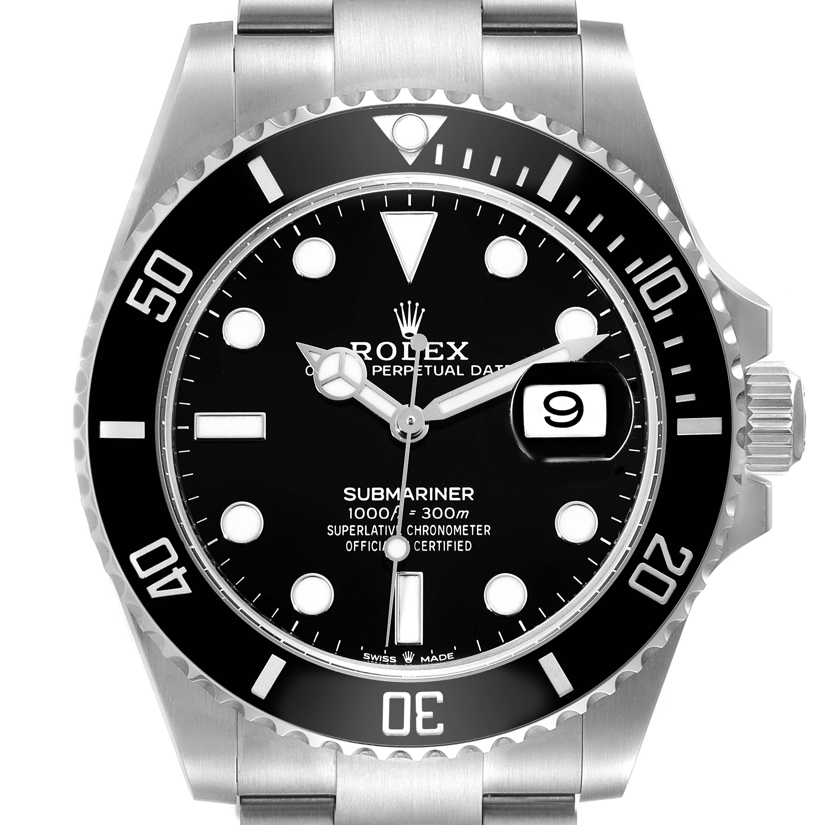 The image shows a front view of the Rolex Submariner 126610 Men
s Stainless Steel Black Dial 126610 Men
s Stainless Steel Black Dial watch, highlighting the face, bezel, crown, and part of the bracelet.