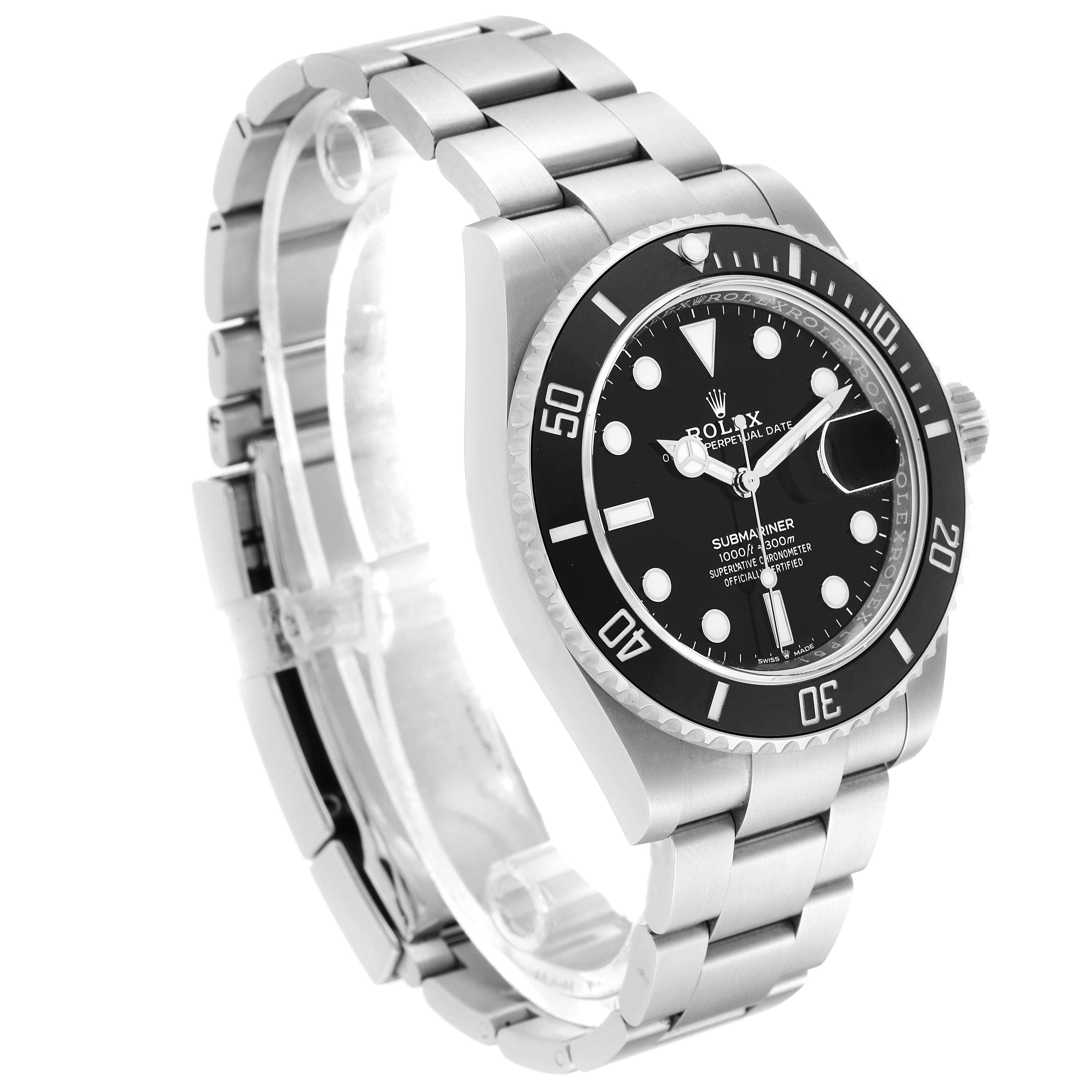 The image shows a Rolex Submariner 126610 Men
s Stainless Steel Black Dial 126610 Men
s Stainless Steel Black Dial watch at a three-quarter angle, highlighting its black dial, bezel, bracelet, and crown.