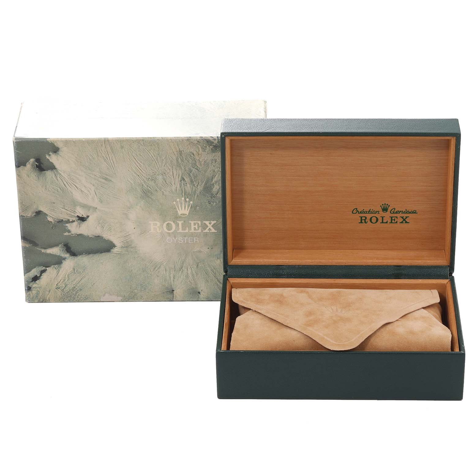 The image shows the box and packaging of the Rolex Vintage Collection 16800 Men's Stainless Steel Black Dial 16800 Men's Stainless Steel Black Dial watch, with the box open to display an inner pouch.
