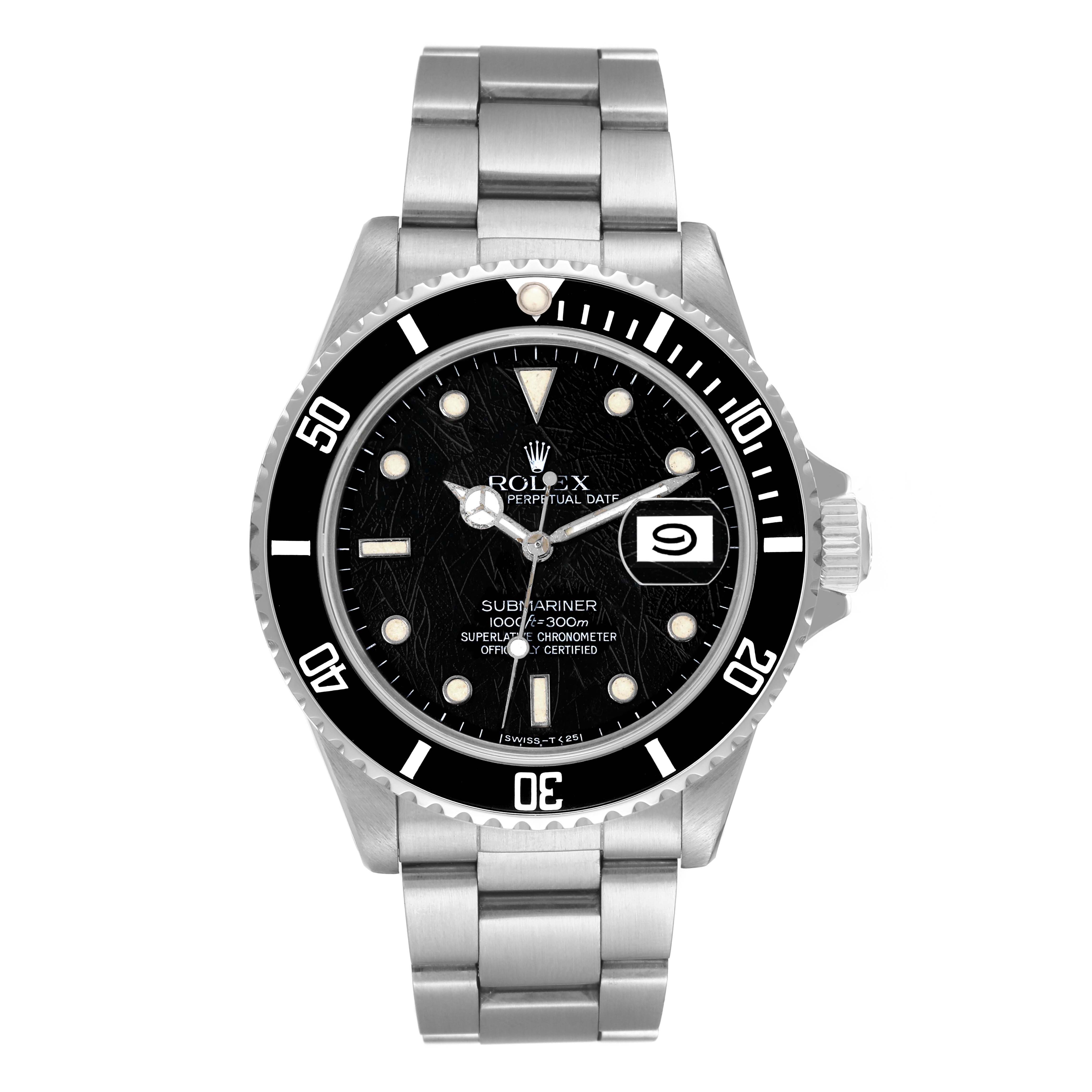 The image shows a straight-on view of a Rolex Vintage Collection 16800 Men's Stainless Steel Black Dial 16800 Men's Stainless Steel Black Dial Submariner watch, displaying the face, bezel, and bracelet.