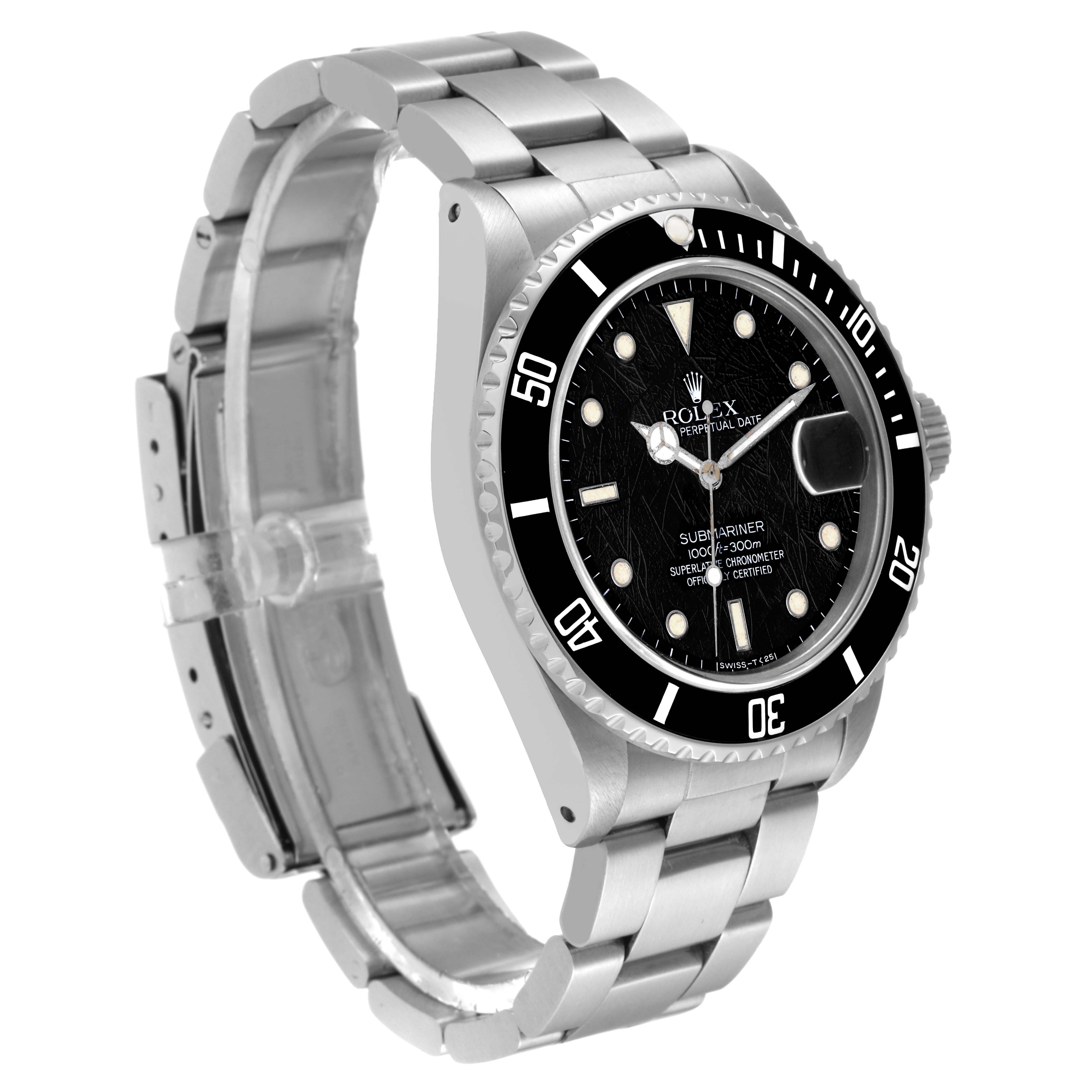 The image shows a side angle view of the Rolex Vintage Collection 16800 Men's Stainless Steel Black Dial 16800 Men's Stainless Steel Black Dial watch, highlighting its face, bezel, and stainless steel band.