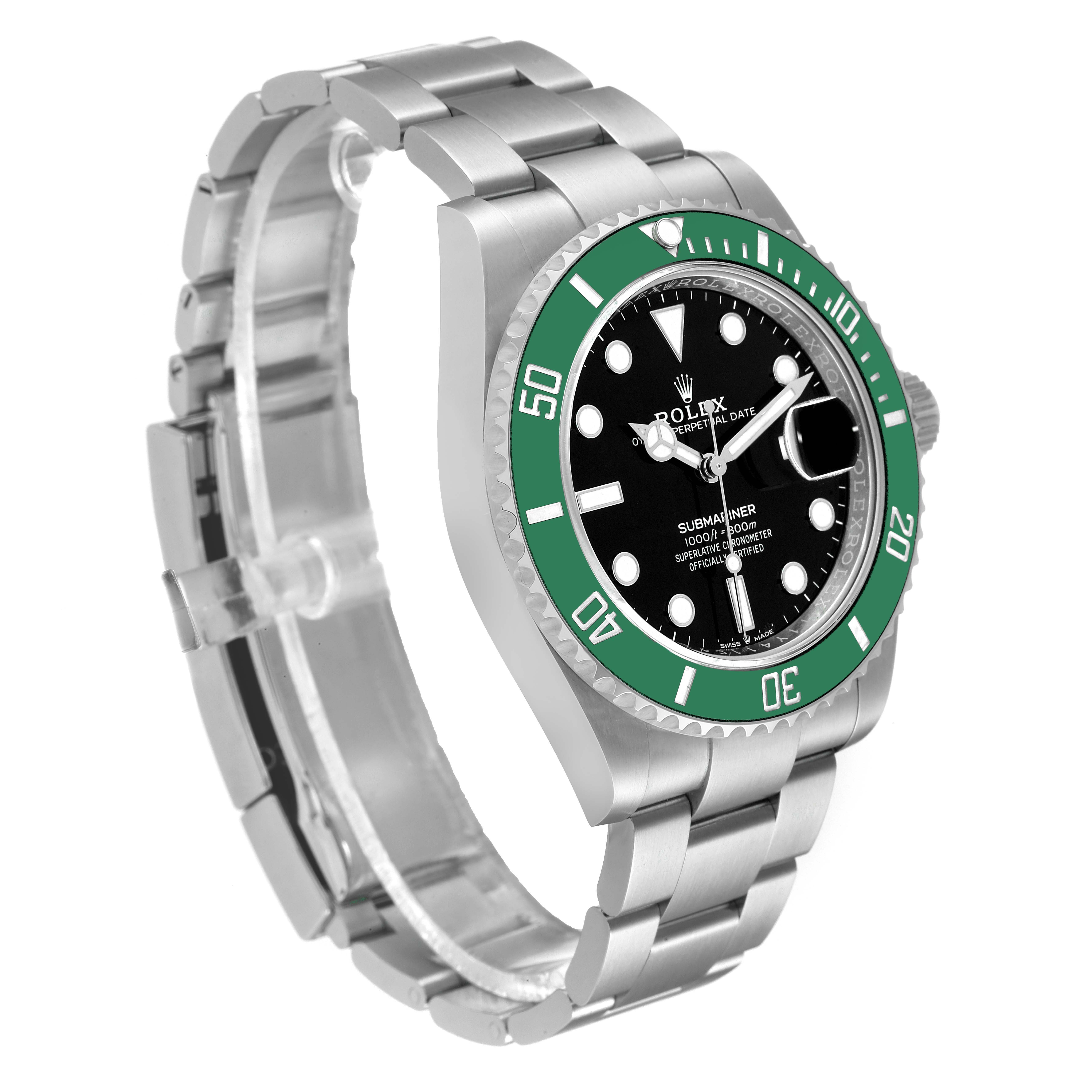 The image shows a Rolex Submariner 126610LV Men's Stainless Steel Black Dial 126610LV Men's Stainless Steel Black Dial watch at a left-side angle, highlighting the bracelet, bezel, and face.