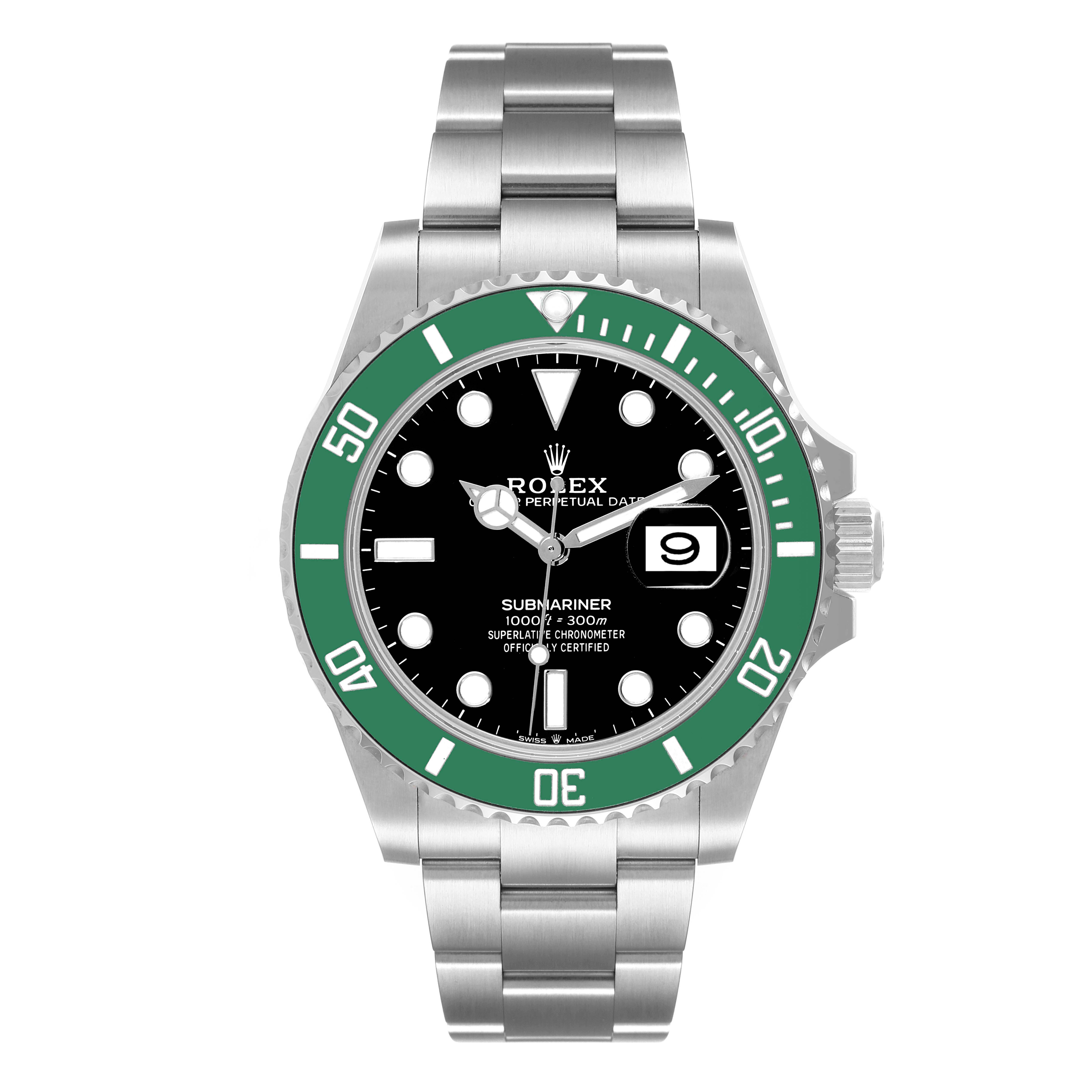 The image shows a front view of a Rolex Submariner 126610LV Men's Stainless Steel Black Dial 126610LV Men's Stainless Steel Black Dial watch, highlighting its green bezel, black dial, and stainless steel bracelet.