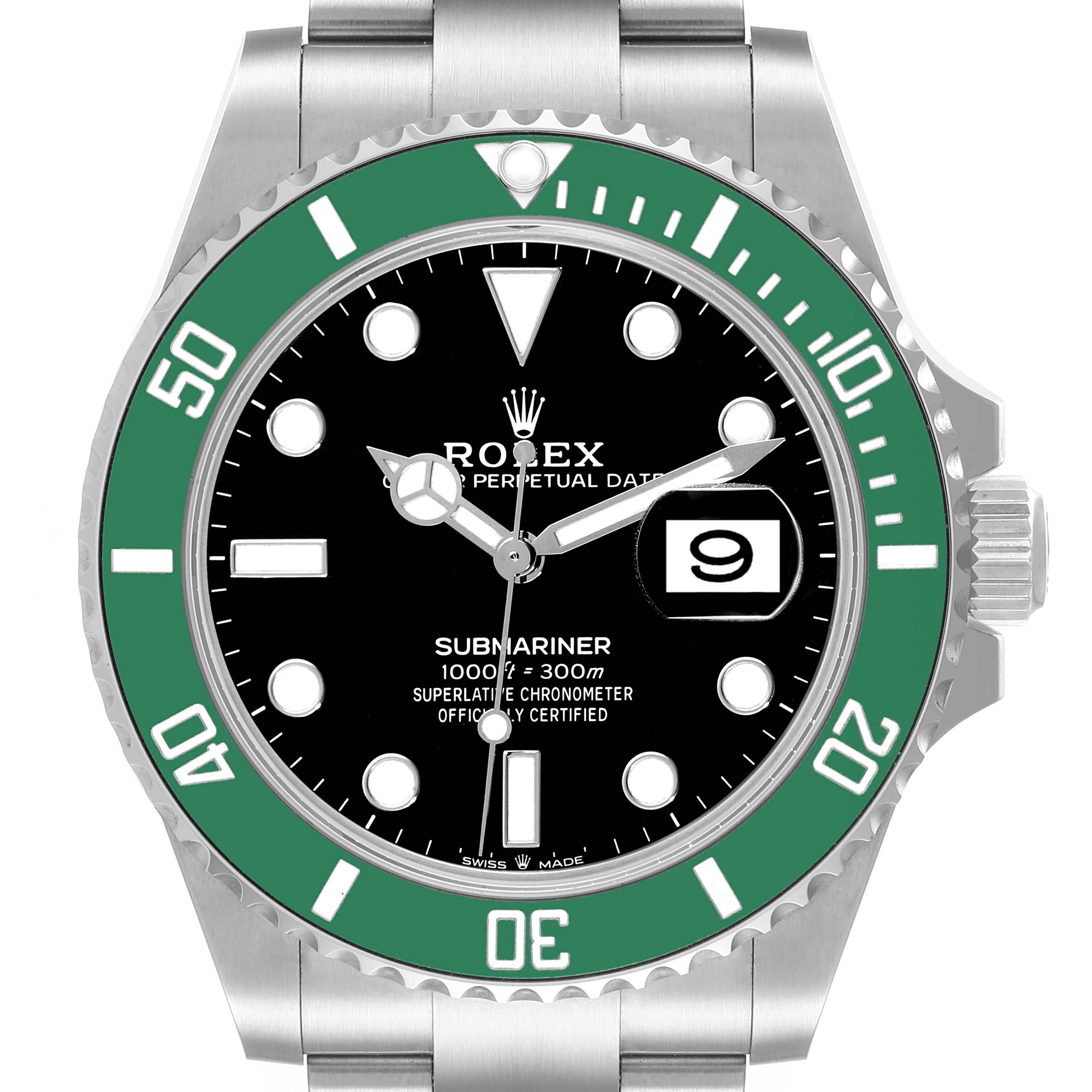 This image showcases a front view of a Rolex Submariner 126610LV Men's Stainless Steel Black Dial 126610LV Men's Stainless Steel Black Dial watch, highlighting its green bezel, black dial, and date display.