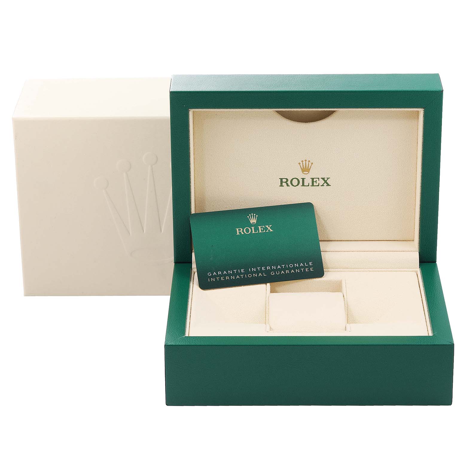 The image shows the open watch box and warranty card for the Rolex Submariner 126610LV Men's Stainless Steel Black Dial 126610LV Men's Stainless Steel Black Dial model.