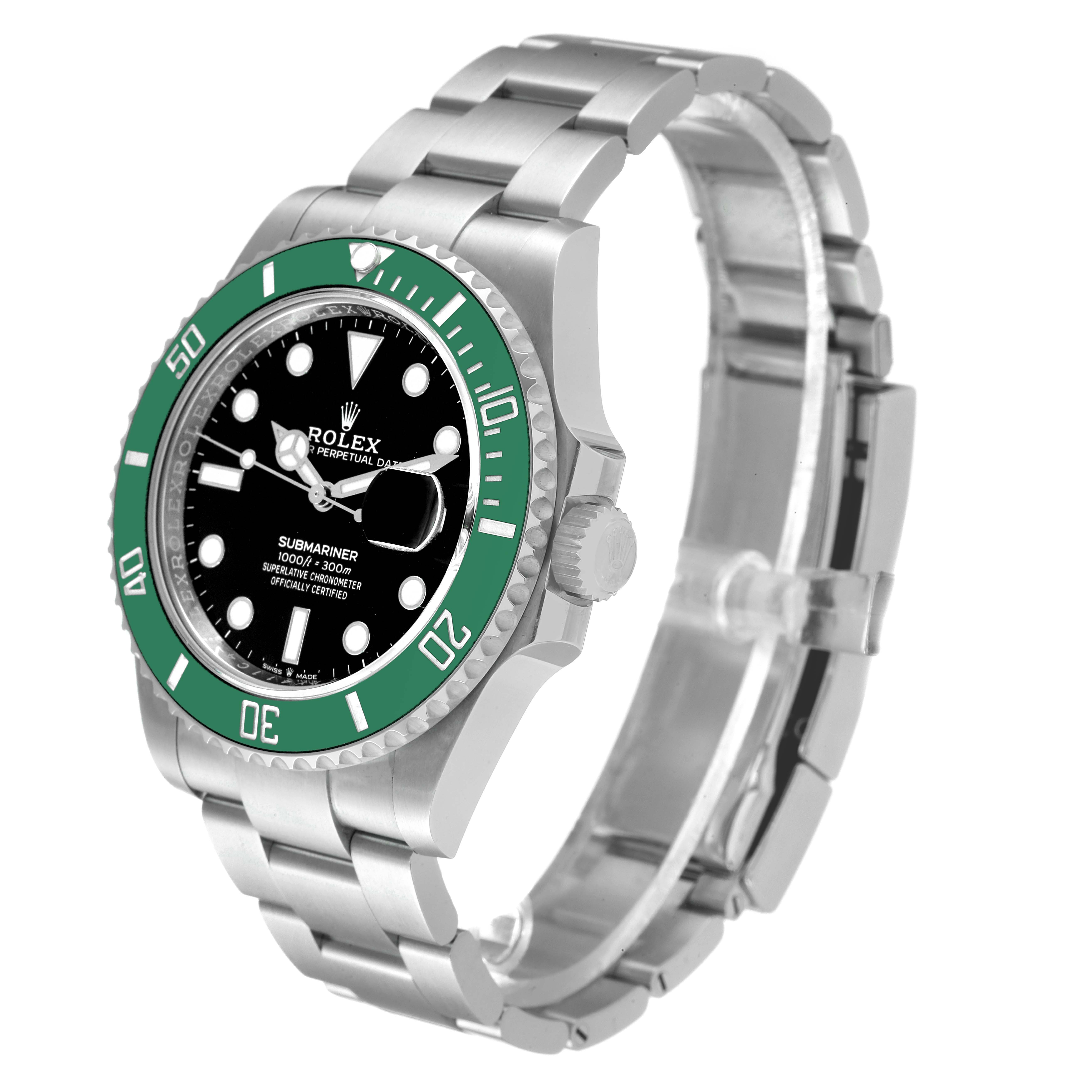 The Rolex Submariner 126610LV Men's Stainless Steel Black Dial 126610LV Men's Stainless Steel Black Dial watch is shown at an angle revealing its green bezel, black dial, and stainless steel bracelet.