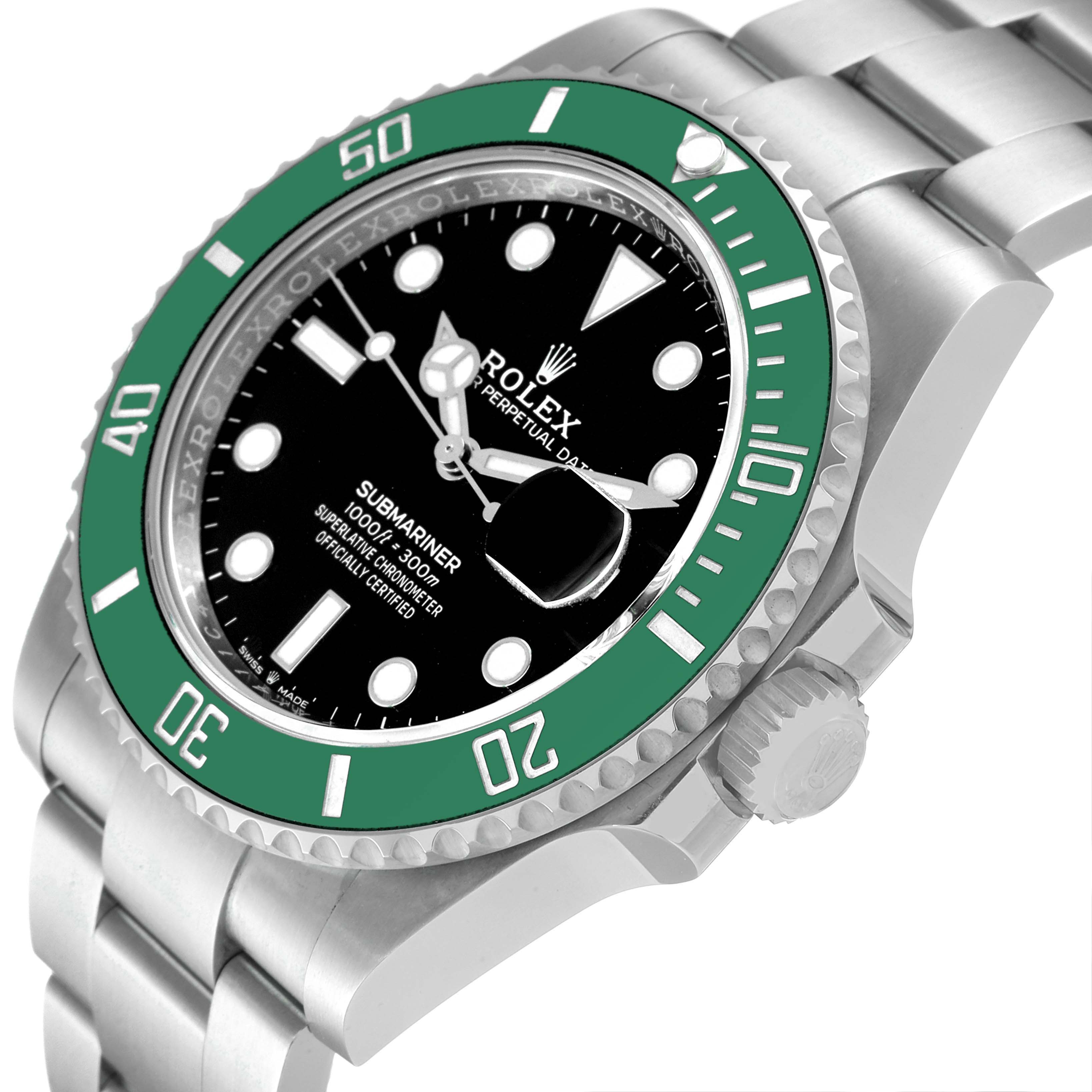 This image shows a Rolex Submariner 126610LV Men's Stainless Steel Black Dial 126610LV Men's Stainless Steel Black Dial watch at an angle displaying the face, crown, bezel, and part of the bracelet.