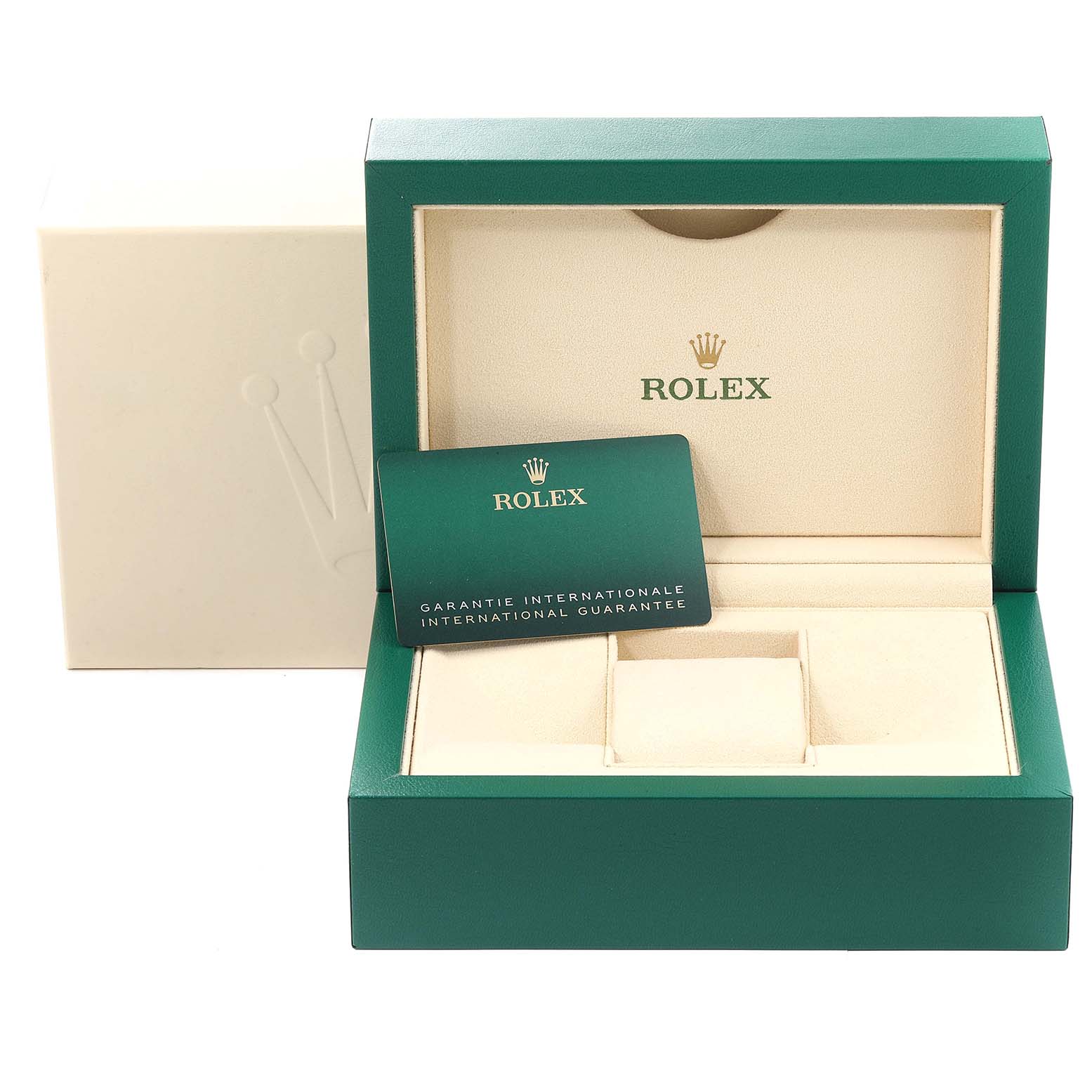 The image shows an open Rolex Submariner 126610LV Men's Stainless Steel Black Dial 126610LV Men's Stainless Steel Black Dial box with slots for the watch and an international guarantee card inside.