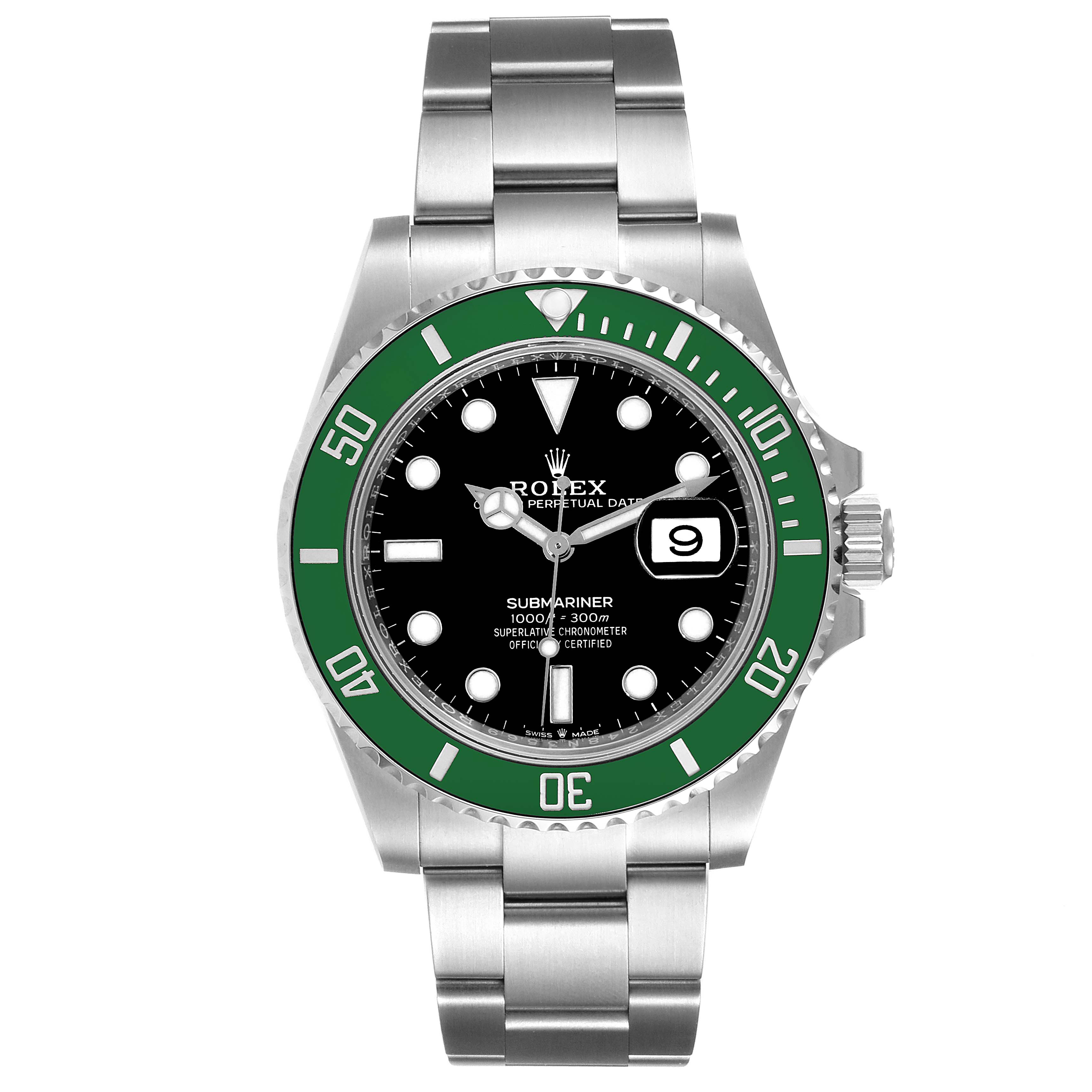 The image shows a frontal view of a Rolex Submariner 126610LV Men's Stainless Steel Black Dial 126610LV Men's Stainless Steel Black Dial watch with a green bezel and a stainless steel bracelet.