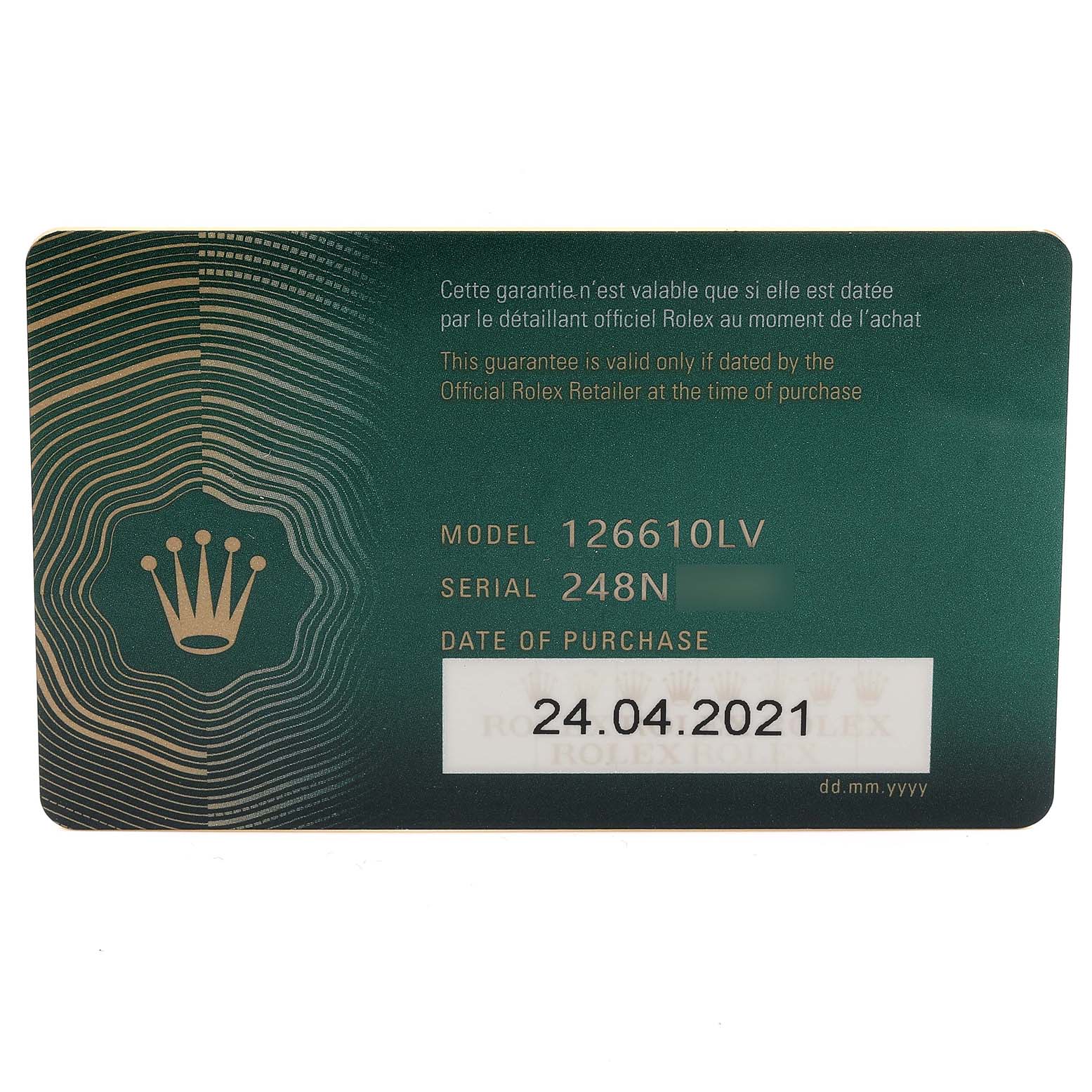 This image shows an official guarantee card for a Rolex Submariner 126610LV Men's Stainless Steel Black Dial 126610LV Men's Stainless Steel Black Dial model 126610LV, including the purchase date.