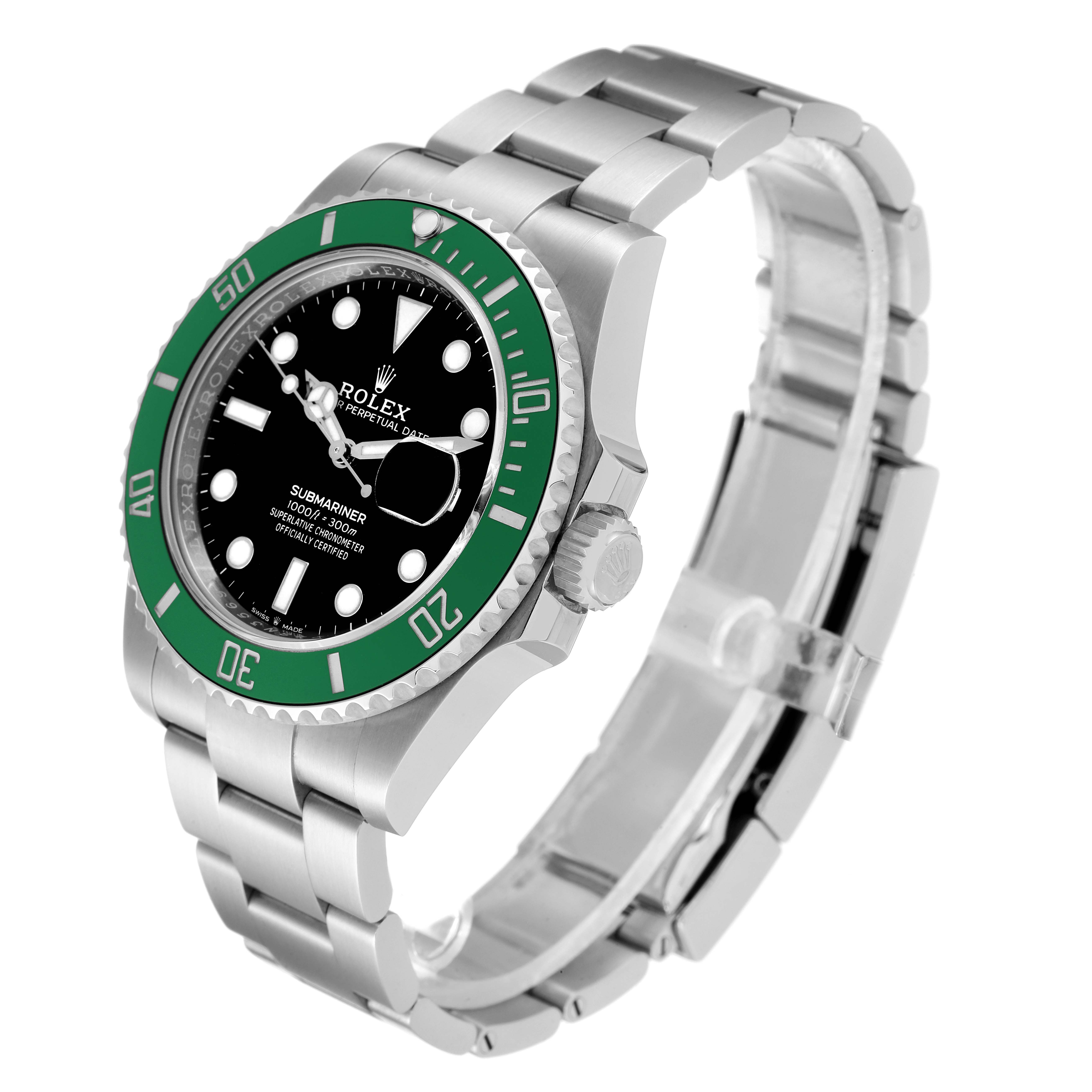 The Rolex Submariner 126610LV Men's Stainless Steel Black Dial 126610LV Men's Stainless Steel Black Dial watch is shown at an angle highlighting the face, bezel, crown, and part of the bracelet.