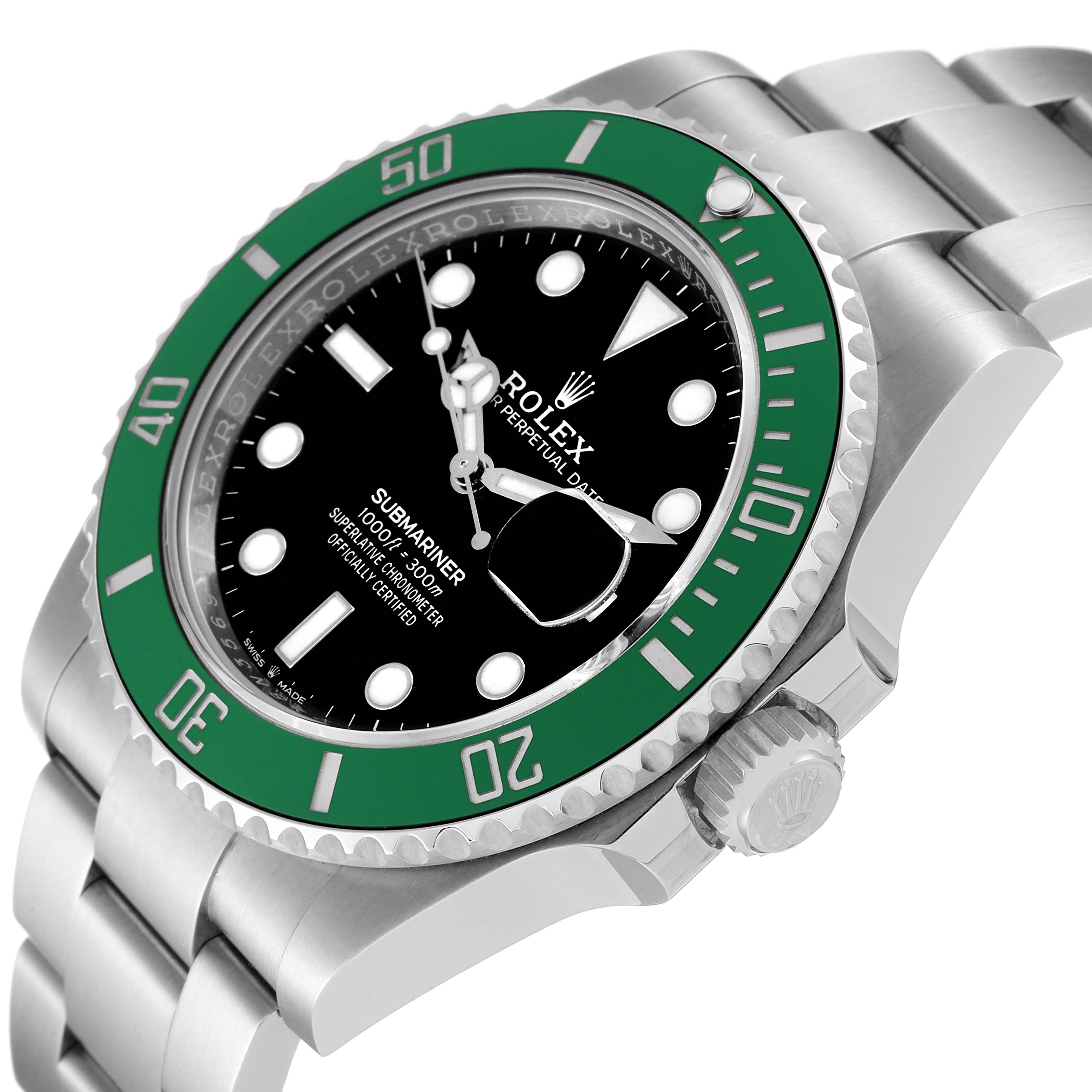The image shows a close-up angle of the Rolex Submariner 126610LV Men's Stainless Steel Black Dial 126610LV Men's Stainless Steel Black Dial watch, featuring its green bezel, dial, and part of the bracelet.