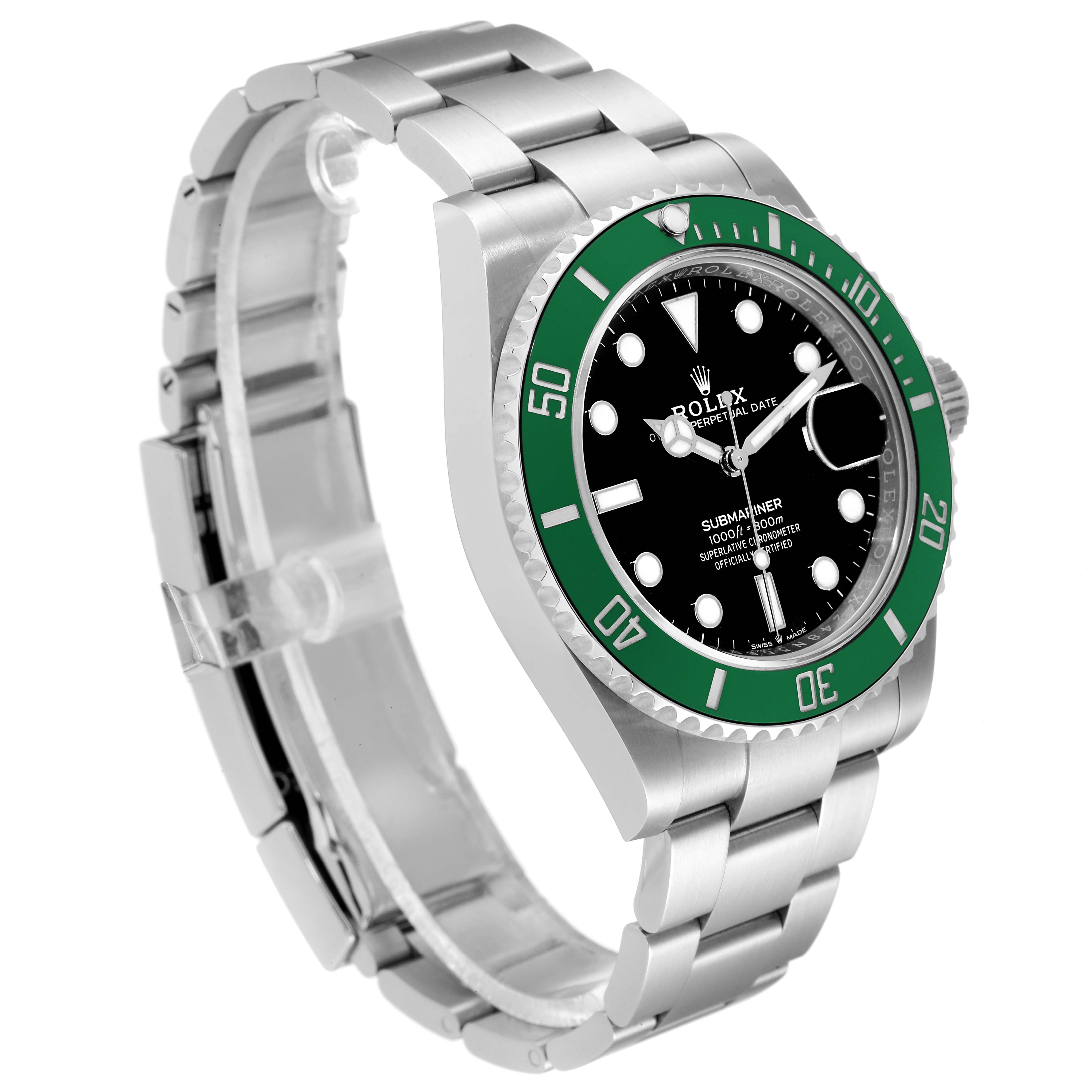 The image shows a side-angle view of a Rolex Submariner 126610LV Men's Stainless Steel Black Dial 126610LV Men's Stainless Steel Black Dial watch, highlighting its green bezel, black dial, and stainless steel bracelet.