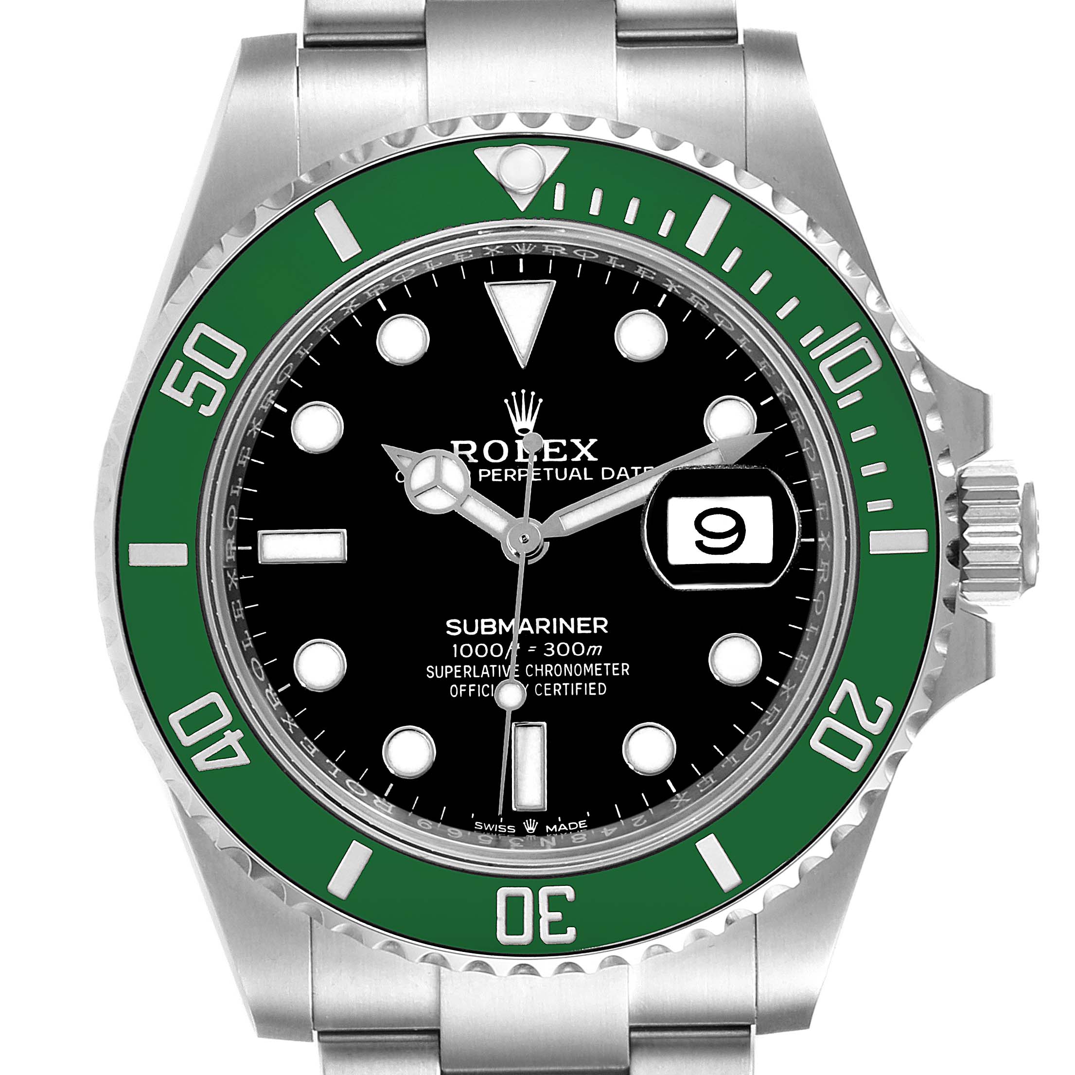 This image shows a front view of a Rolex Submariner 126610LV Men's Stainless Steel Black Dial 126610LV Men's Stainless Steel Black Dial watch, highlighting its green bezel, black dial, and bracelet.