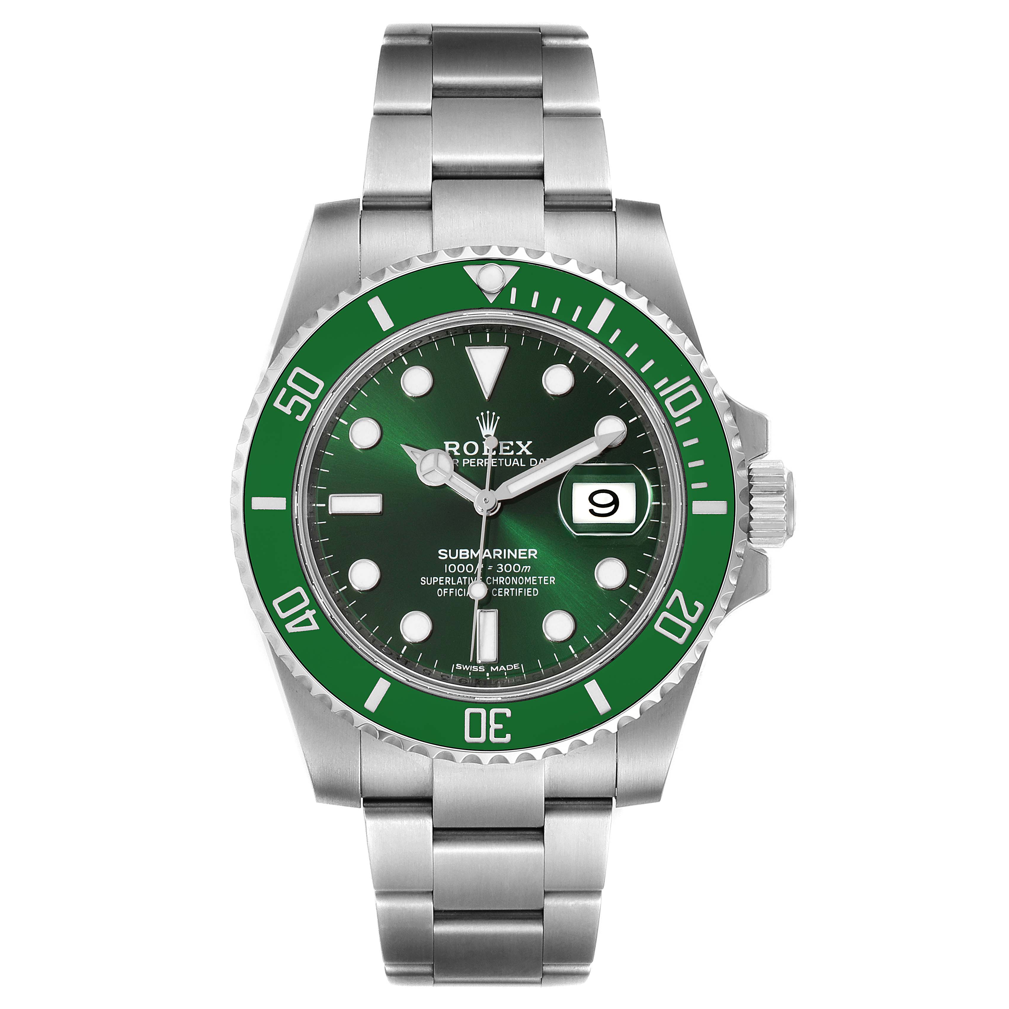 The image shows a front view of a Rolex Submariner 116610LV Men
s Stainless Steel Green Dial 116610LV Men
s Stainless Steel Green Dial watch, highlighting its green bezel, dial, and stainless steel bracelet.