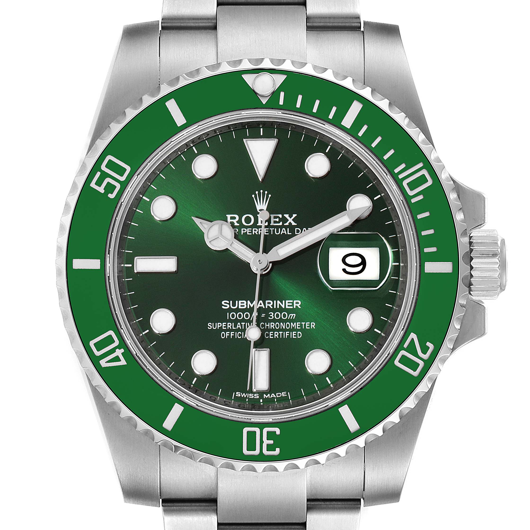 The image shows a front view of the Rolex Submariner 116610LV Men
s Stainless Steel Green Dial 116610LV Men
s Stainless Steel Green Dial watch, highlighting the green bezel, dial, and date window.