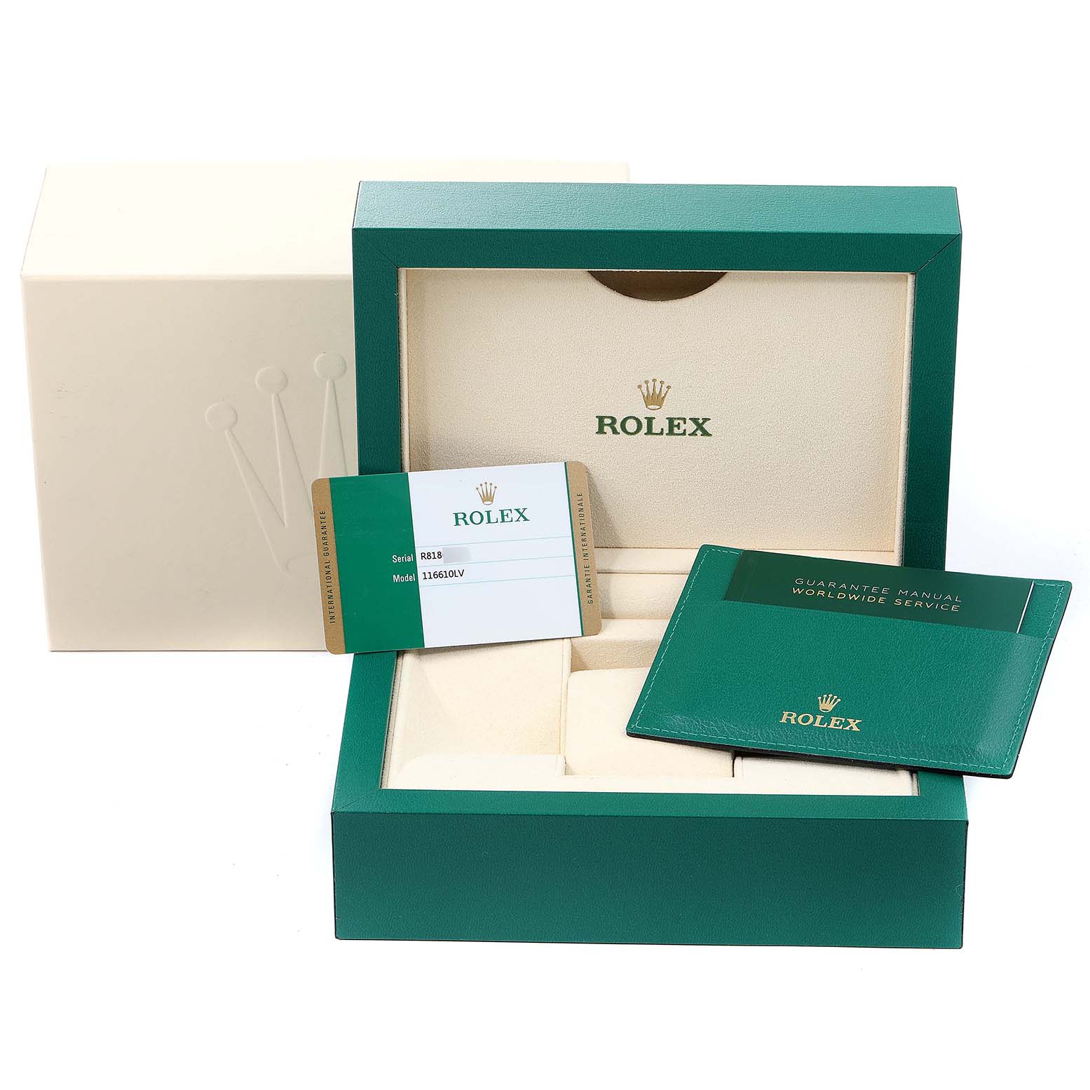 This image shows the open box and accessories for a Rolex Submariner 116610LV Men
s Stainless Steel Green Dial 116610LV Men
s Stainless Steel Green Dial watch, including a guarantee manual and a serial/model identification card.