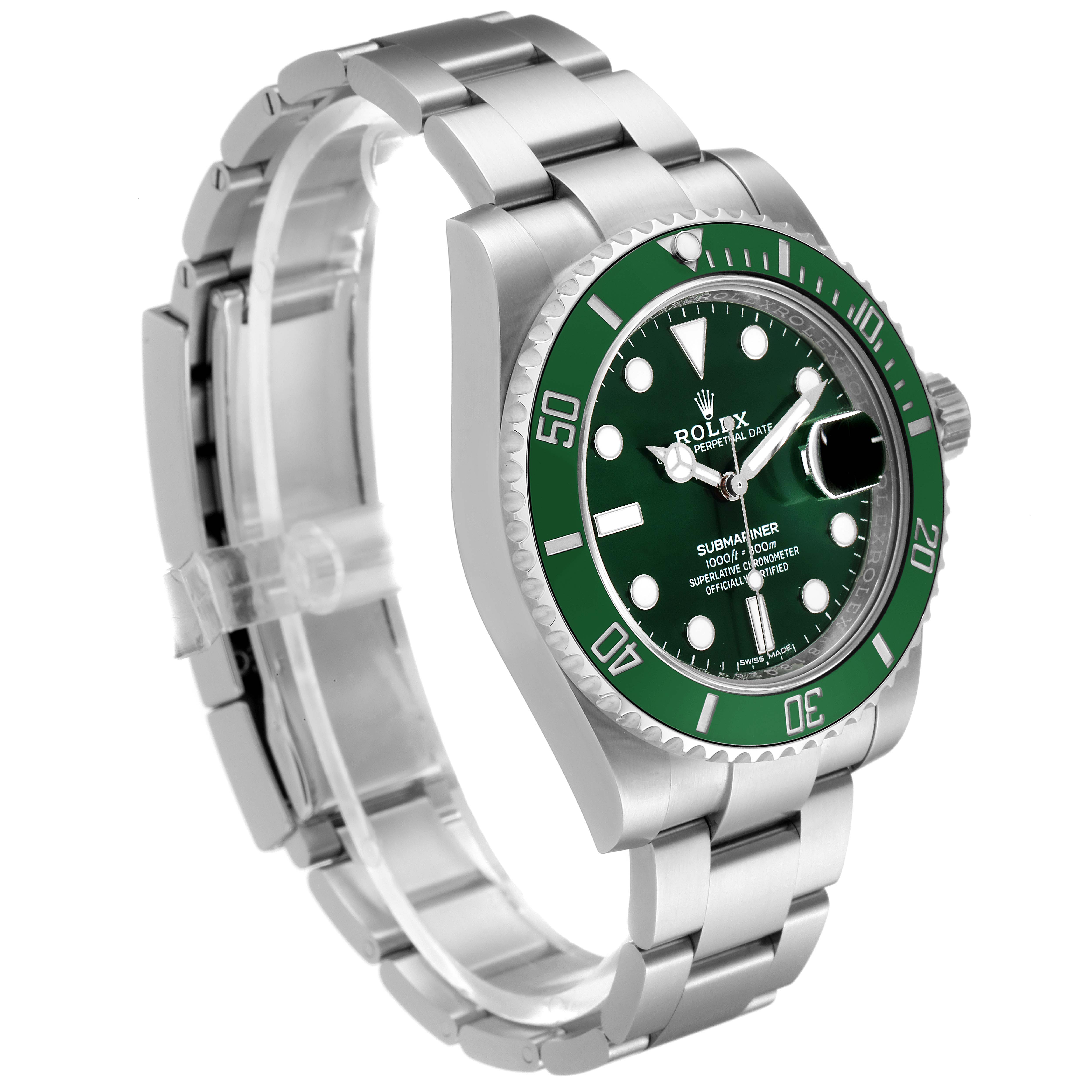 The Rolex Submariner 116610LV Men
s Stainless Steel Green Dial 116610LV Men
s Stainless Steel Green Dial watch is shown from a side angle, highlighting its stainless steel bracelet, green bezel, and green dial.