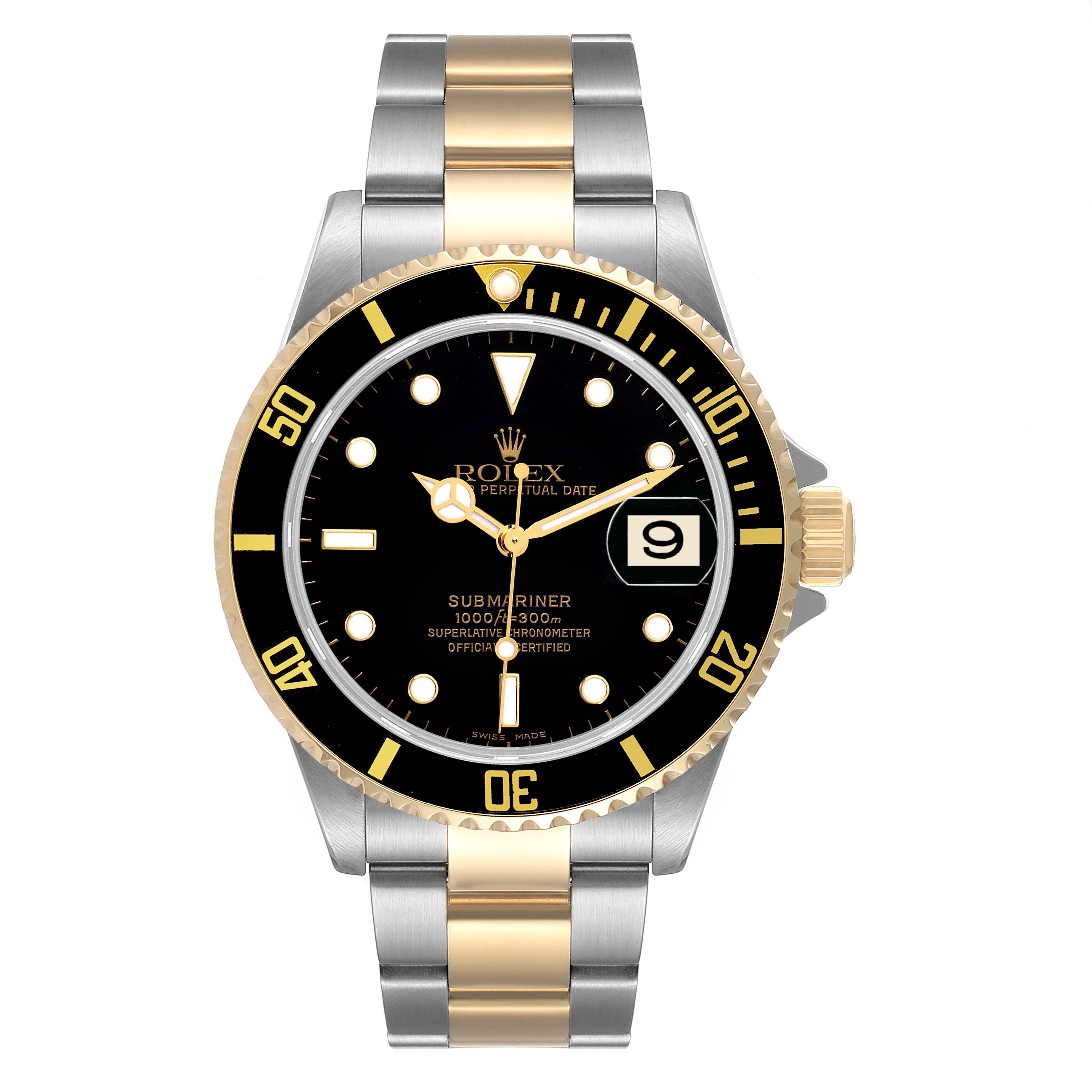 Front view of the Rolex Submariner 16613 Men's Steel and Gold (two tone) Black Dial 16613 Men's Steel and Gold (two tone) Black Dial watch showing face, bracelet, bezel, and crown.