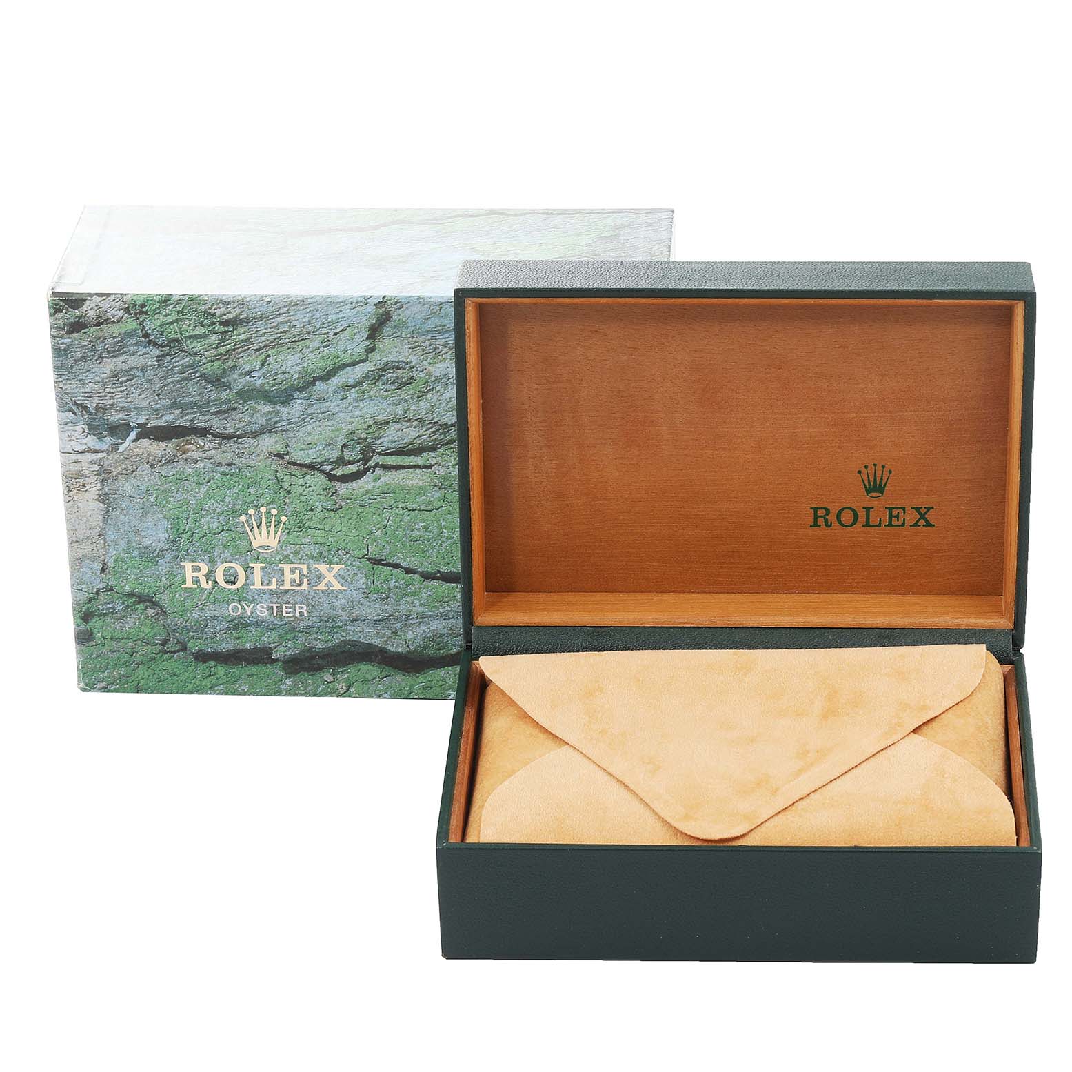 This image shows the packaging for a Rolex Submariner 16613 Men's Steel and Gold (two tone) Black Dial 16613 Men's Steel and Gold (two tone) Black Dial, including the outer box, wooden inner box, and a suede pouch.