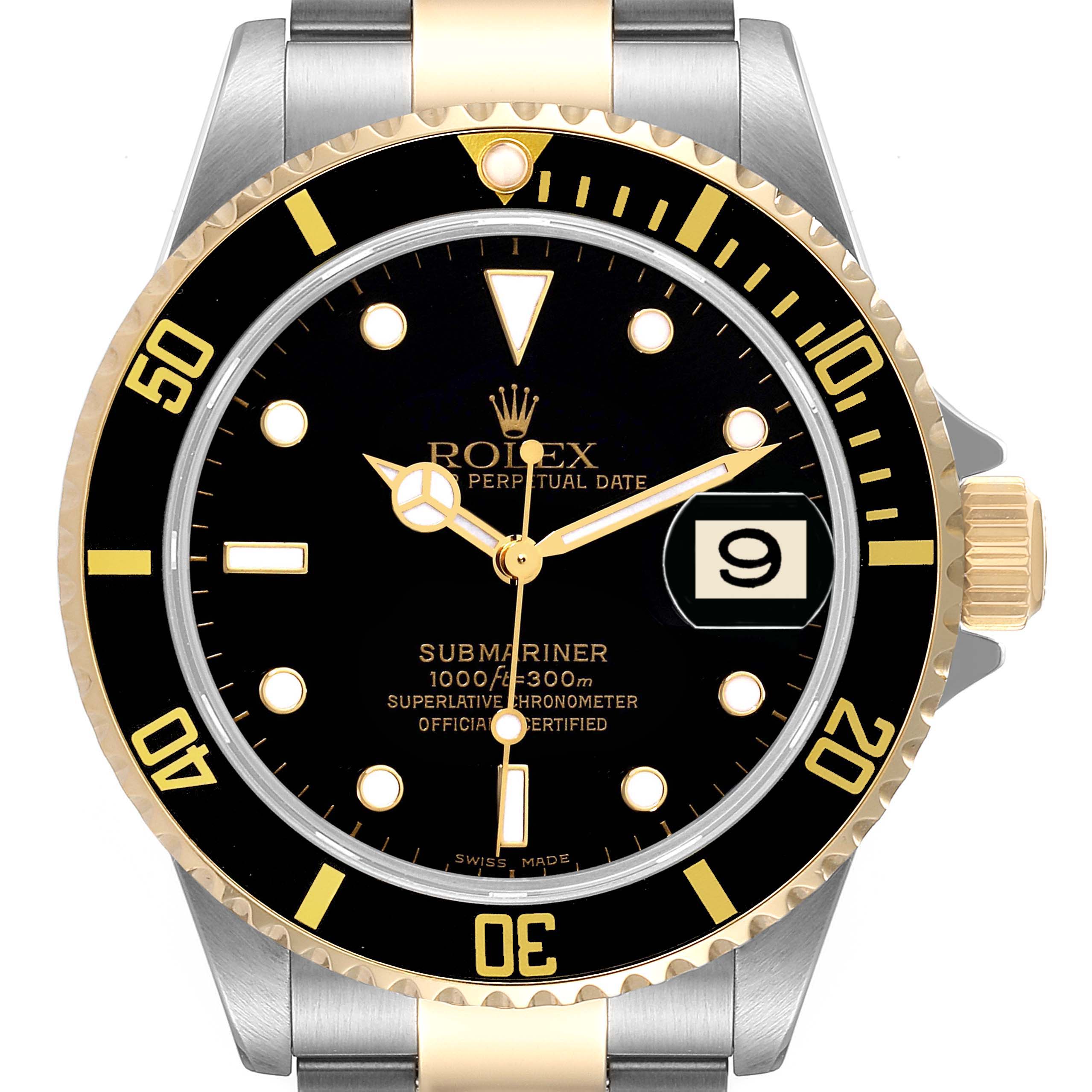 The image shows a front view of a Rolex Submariner 16613 Men's Steel and Gold (two tone) Black Dial 16613 Men's Steel and Gold (two tone) Black Dial watch, displaying the dial, bezel, crown, and part of the bracelet.