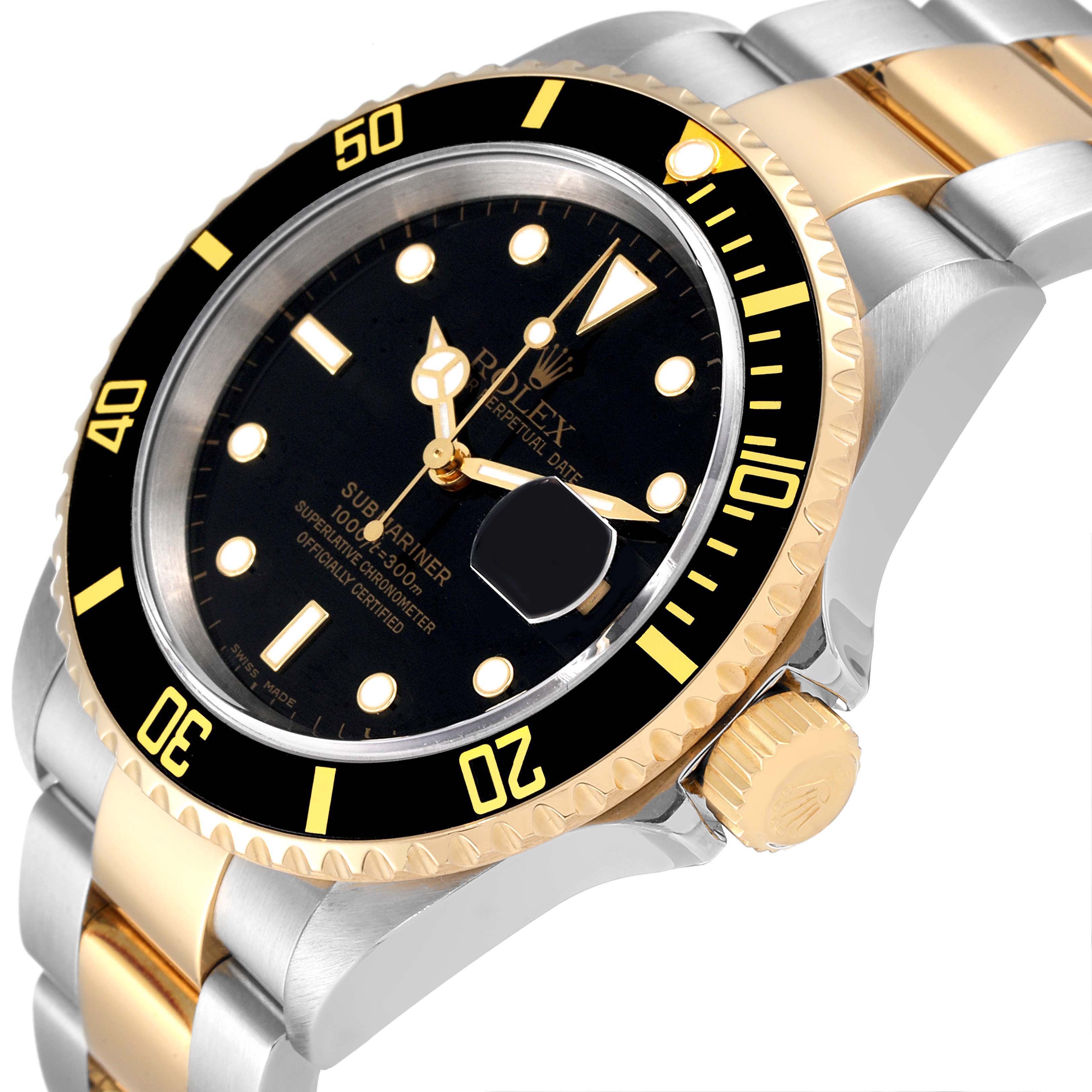 This image shows a close-up view of a Rolex Submariner 16613 Men's Steel and Gold (two tone) Black Dial 16613 Men's Steel and Gold (two tone) Black Dial watch, highlighting the dial, bezel, crown, and bracelet.