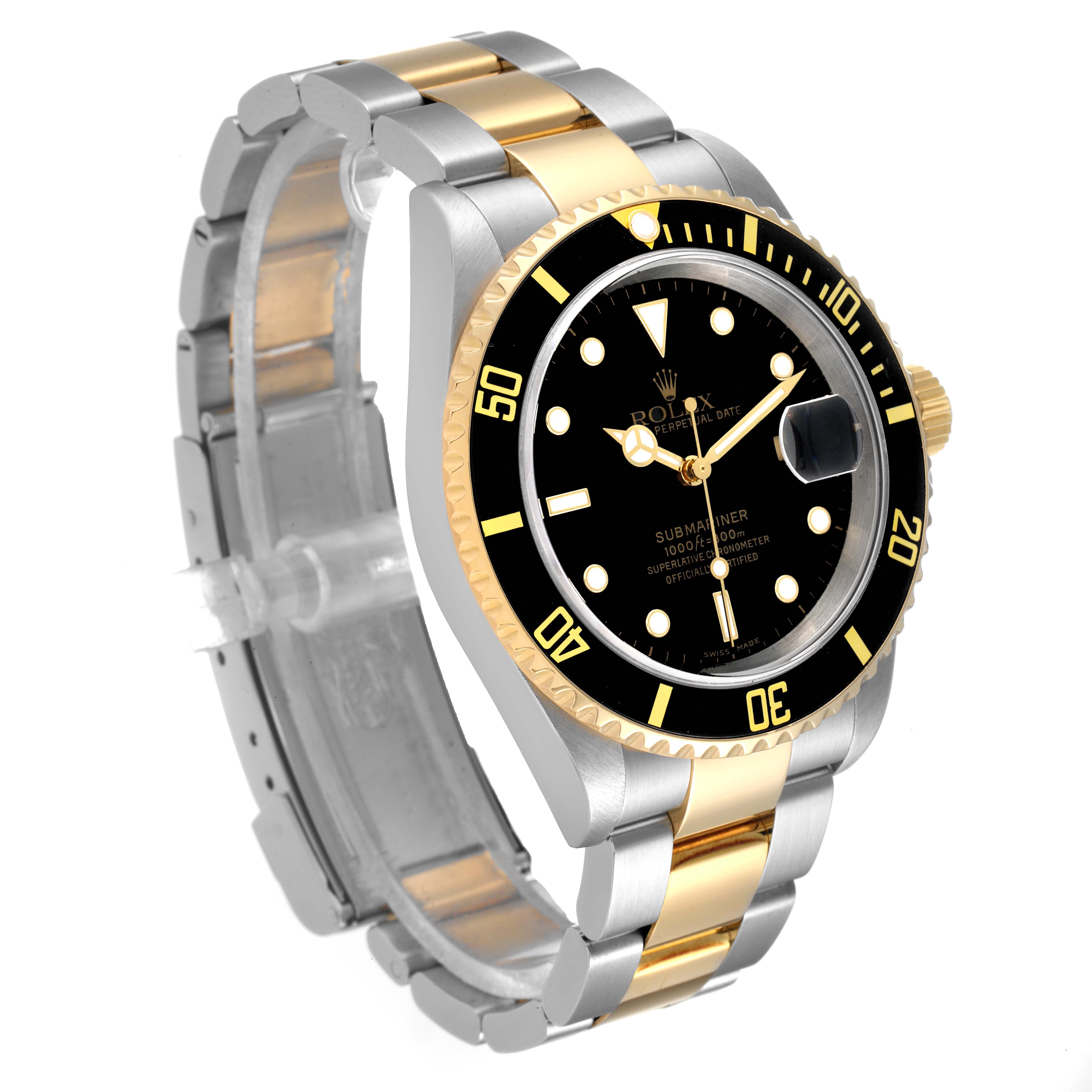 The Rolex Submariner 16613 Men's Steel and Gold (two tone) Black Dial 16613 Men's Steel and Gold (two tone) Black Dial watch is shown at a three-quarter angle displaying its face, bezel, and bracelet.