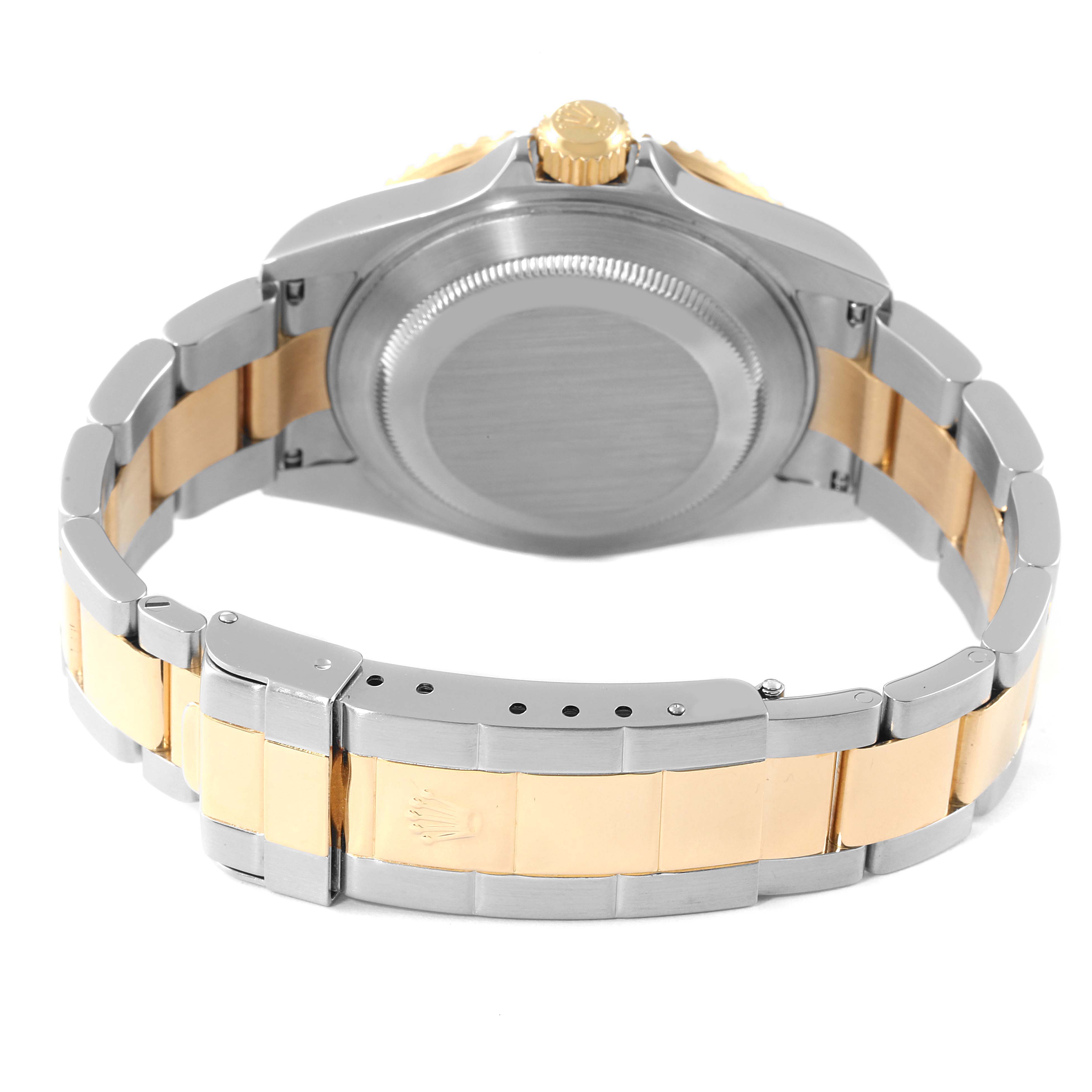 This image shows the back and bracelet, including the clasp, of a Rolex Submariner 16613 Men's Steel and Gold (two tone) Black Dial 16613 Men's Steel and Gold (two tone) Black Dial watch.