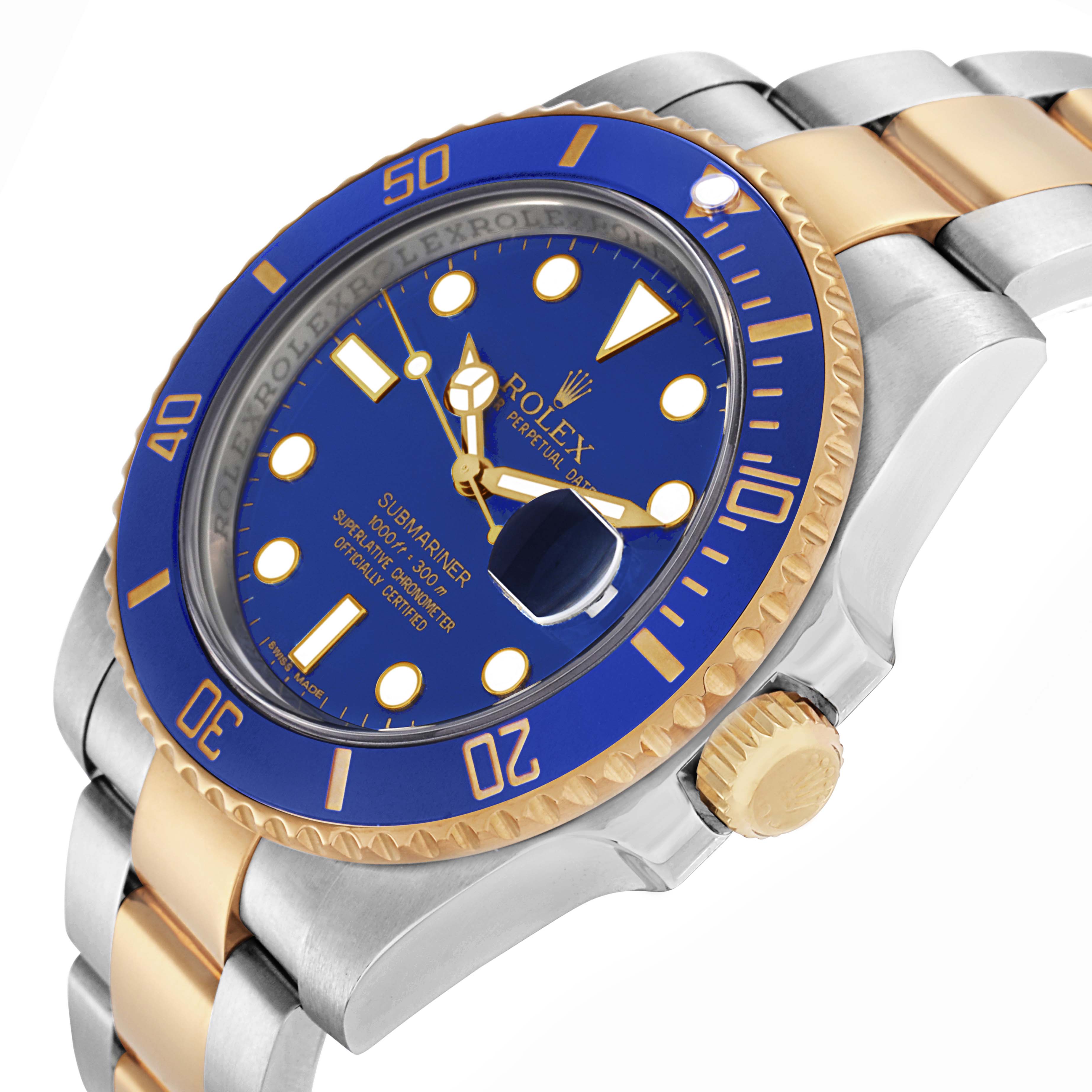 The image shows a Rolex Submariner 116613 Men
s Steel and Gold (two tone) Blue Dial 116613 Men
s Steel and Gold (two tone) Blue Dial watch at an angled view, highlighting the blue dial, gold bezel, and two-tone bracelet.