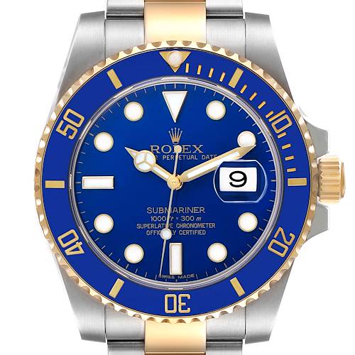 The image shows a front view of a Rolex Submariner watch, highlighting the blue dial, date window, and two-tone bezel and bracelet.
