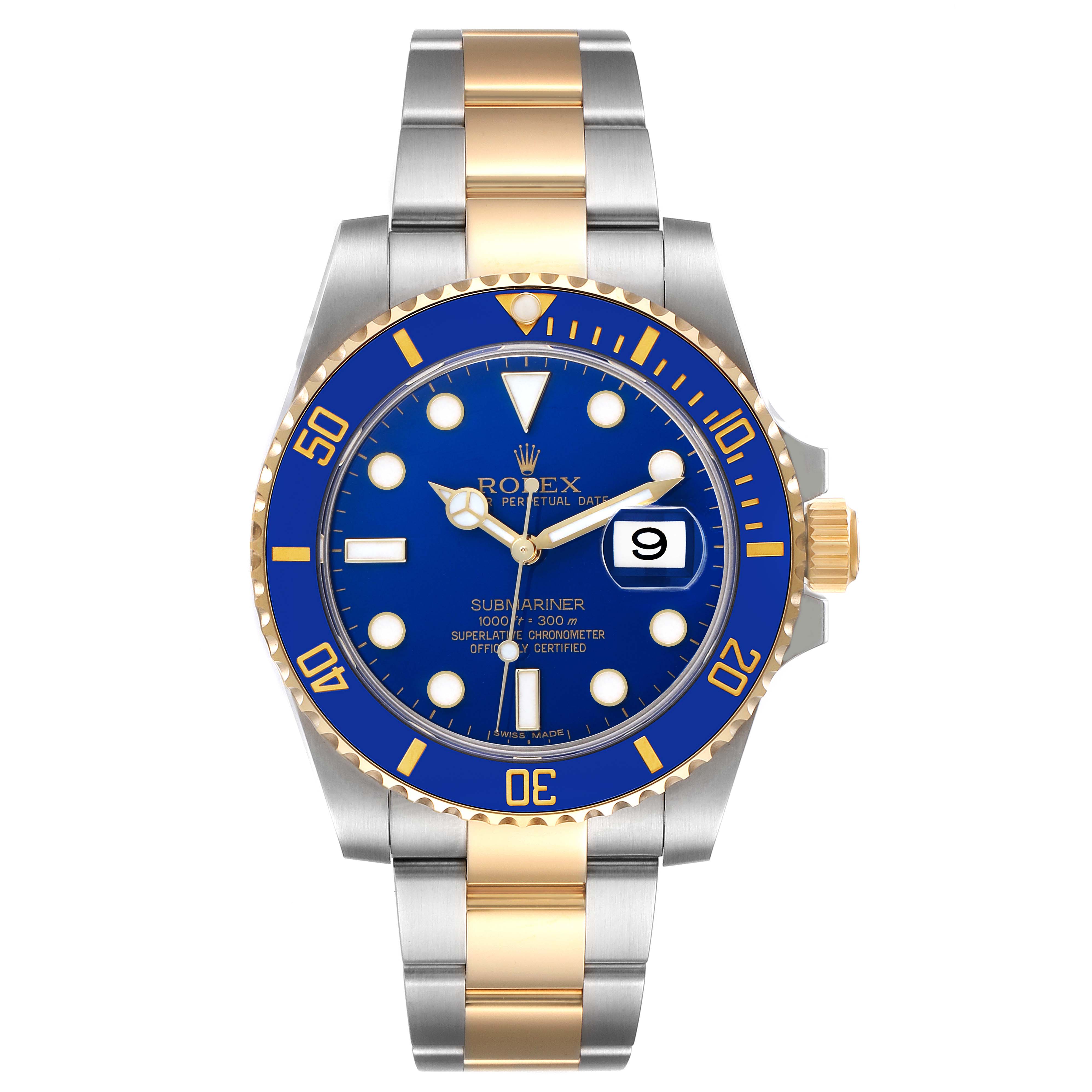The Rolex Submariner 116613 Men
s Steel and Gold (two tone) Blue Dial 116613 Men
s Steel and Gold (two tone) Blue Dial is shown from the front, highlighting the blue dial, bezel, and two-tone bracelet.