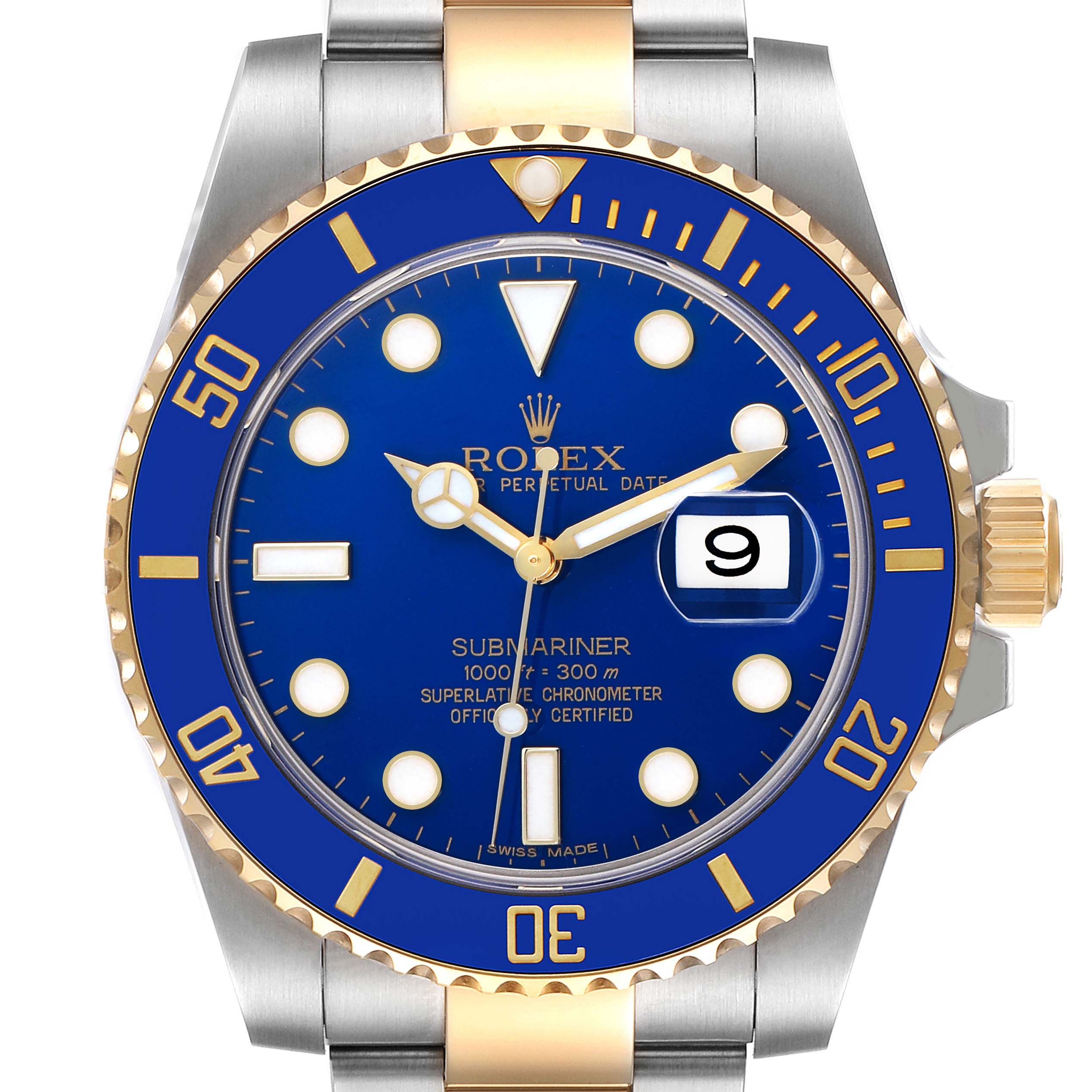 The Rolex Submariner 116613 Men
s Steel and Gold (two tone) Blue Dial 116613 Men
s Steel and Gold (two tone) Blue Dial watch is shown from a frontal angle, highlighting the blue dial, bezel, and gold two-tone bracelet.