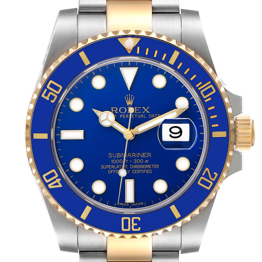 The Rolex Submariner watch is shown from a frontal angle, highlighting the blue dial, bezel, and gold two-tone bracelet.