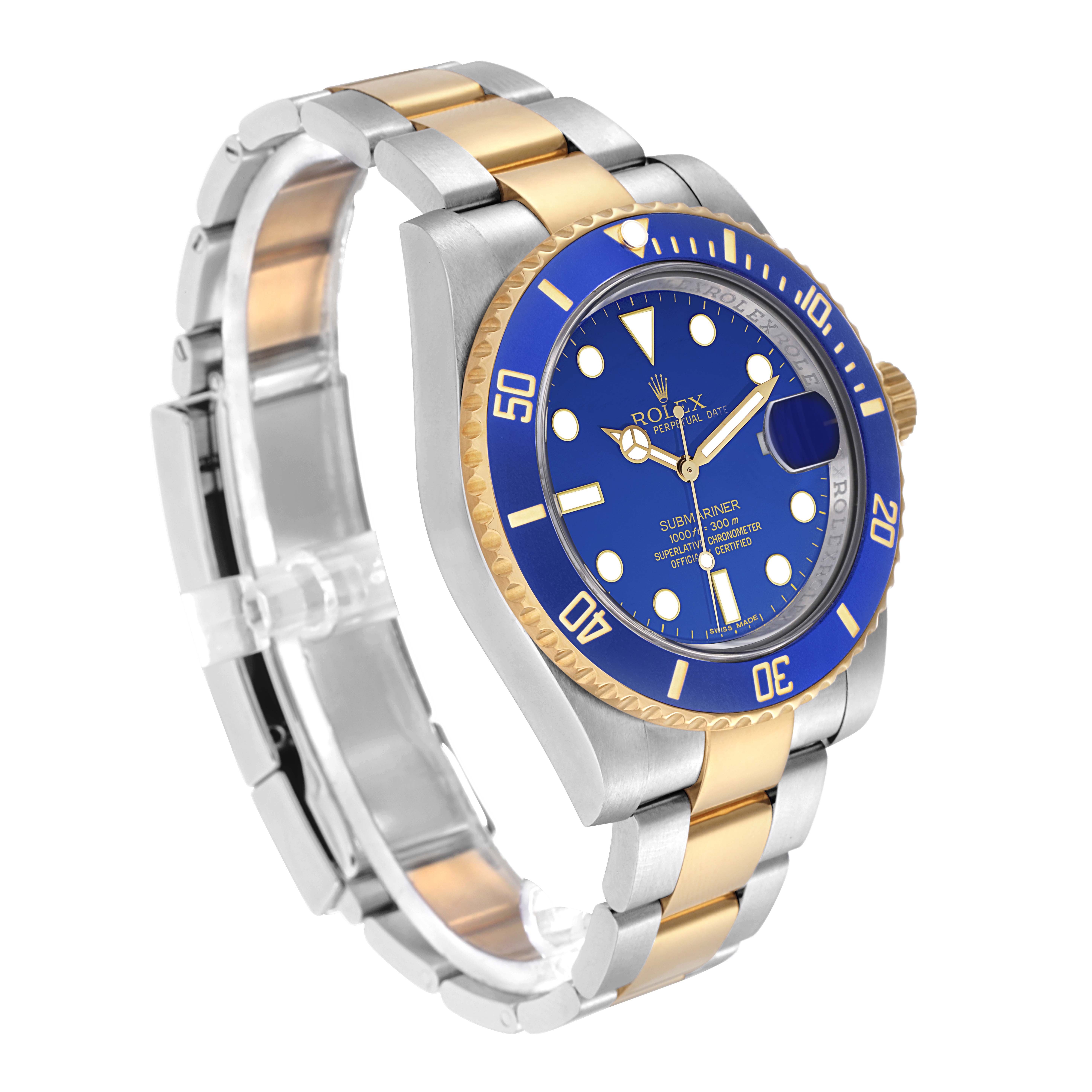 The Rolex Submariner 116613 Men
s Steel and Gold (two tone) Blue Dial 116613 Men
s Steel and Gold (two tone) Blue Dial watch is shown at an angled side view, highlighting its blue dial, gold accents, and metal bracelet.