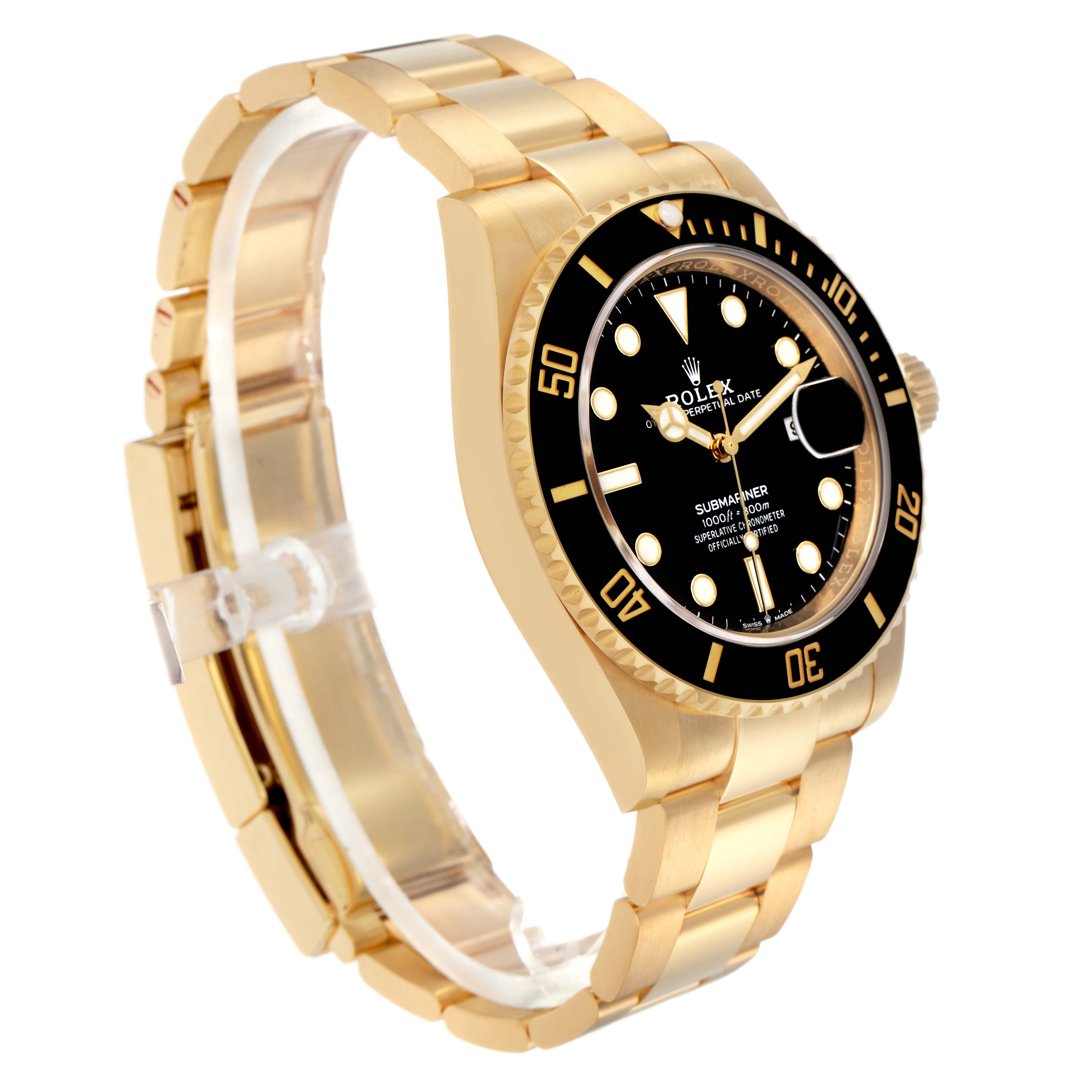 The Rolex Submariner 126618 Men
s Yellow Gold Black Dial 126618 Men
s Yellow Gold Black Dial watch is shown at a side angle, displaying the bracelet, case, bezel, and dial.