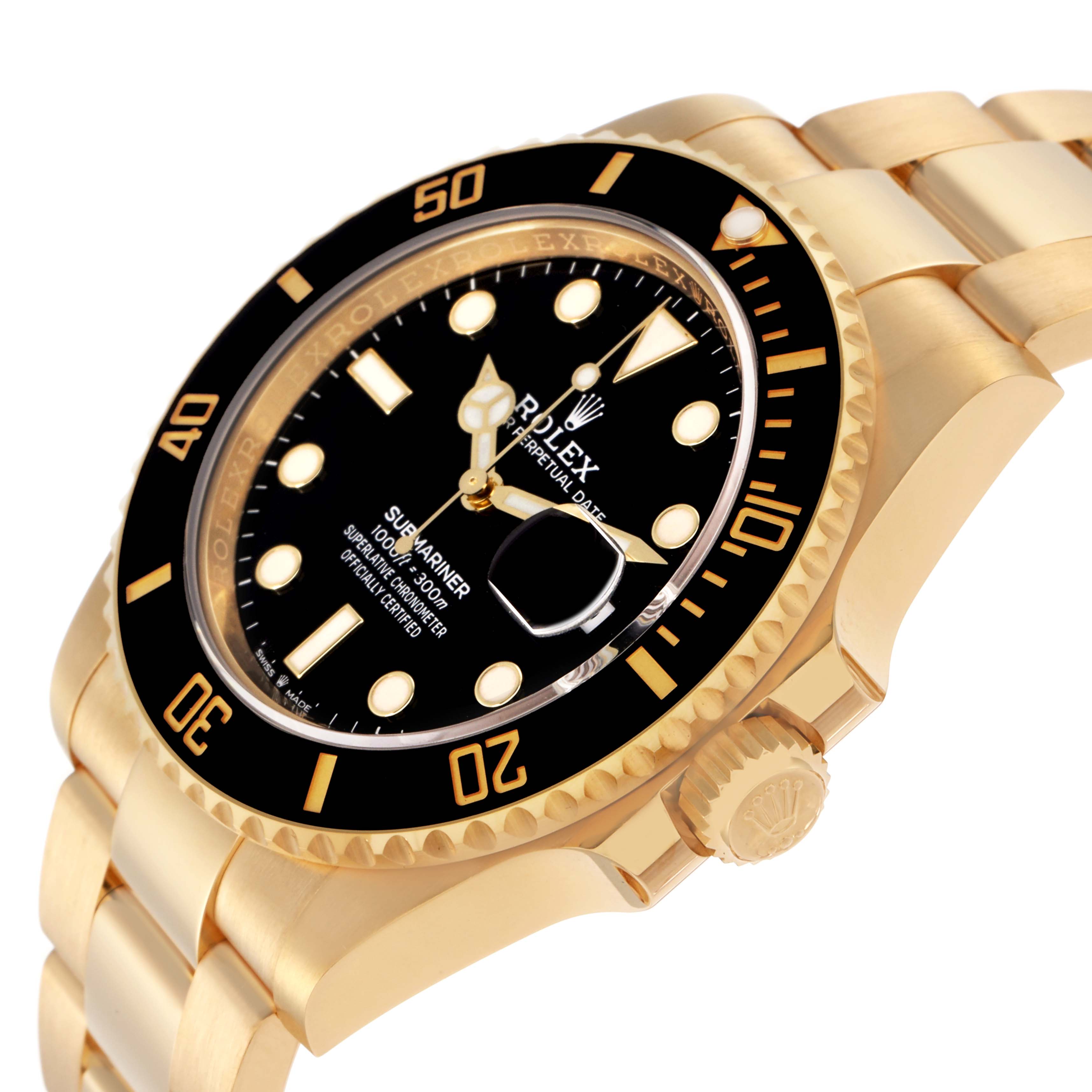 The Rolex Submariner 126618 Men
s Yellow Gold Black Dial 126618 Men
s Yellow Gold Black Dial watch is shown at a slight side angle, highlighting the gold case, black bezel, and bracelet.
