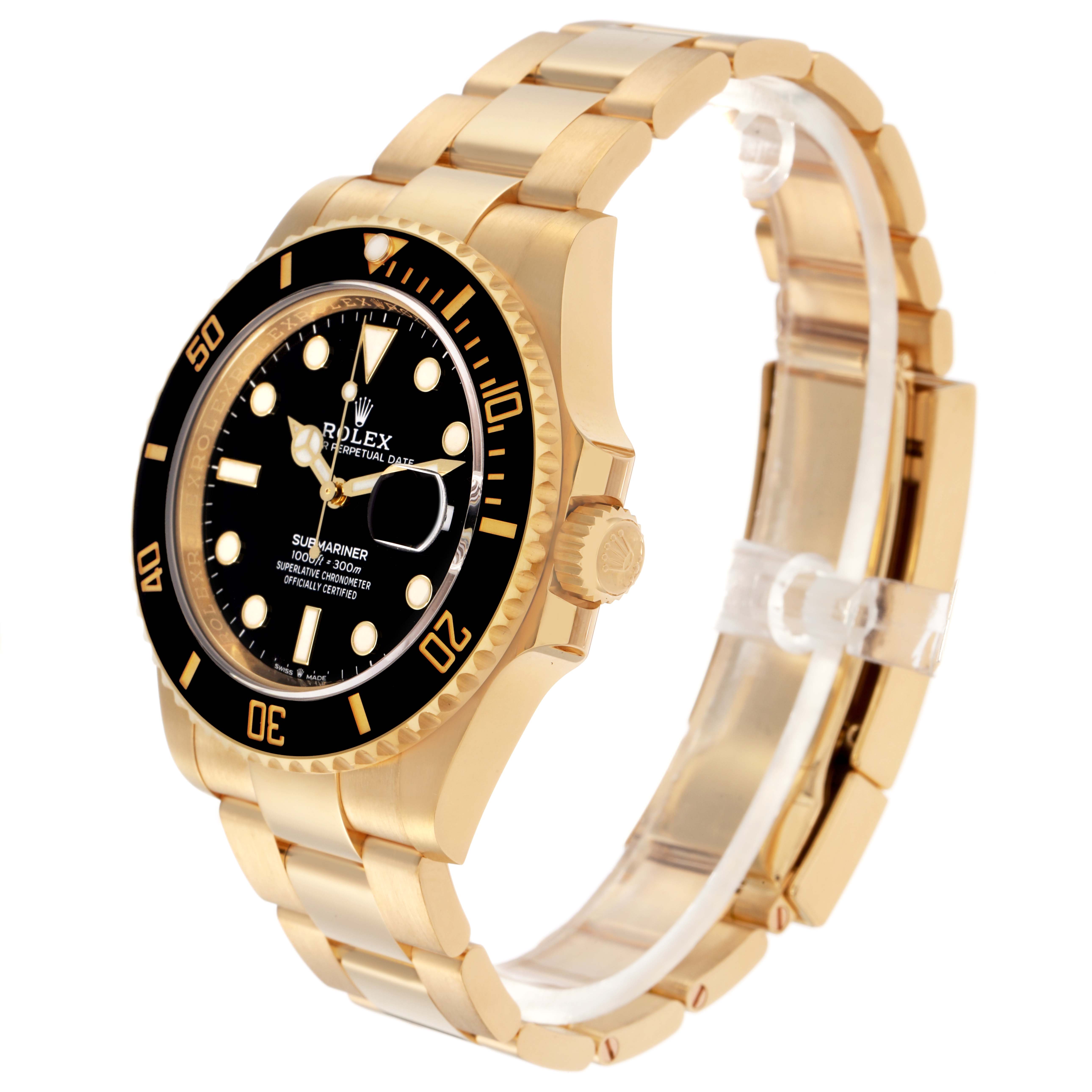 The Rolex Submariner 126618 Men
s Yellow Gold Black Dial 126618 Men
s Yellow Gold Black Dial watch is shown at a side angle, featuring its black dial, gold case, bezel, and bracelet.
