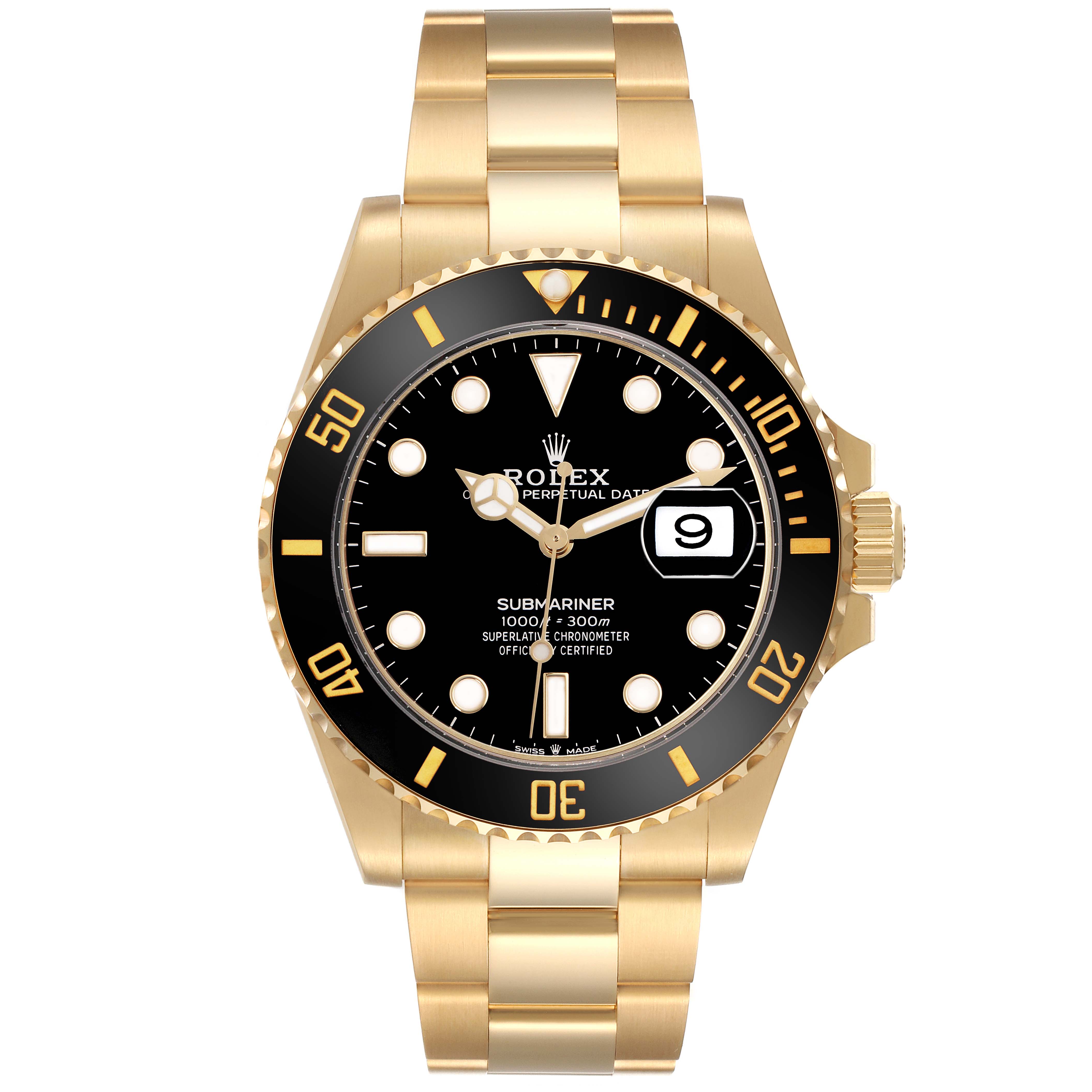 The image shows a front view of the Rolex Submariner 126618 Men
s Yellow Gold Black Dial 126618 Men
s Yellow Gold Black Dial, highlighting the bezel, dial, hands, and bracelet.