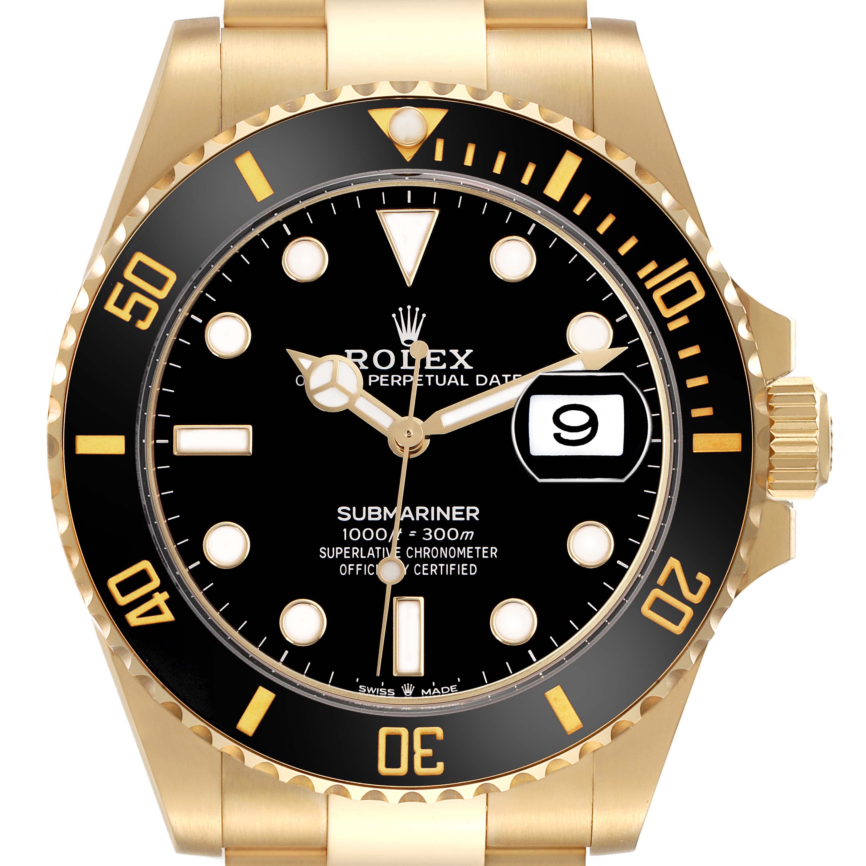 The image shows a front view of a Rolex Submariner 126618 Men
s Yellow Gold Black Dial 126618 Men
s Yellow Gold Black Dial, displaying its dial, bezel, crown, and part of the bracelet.