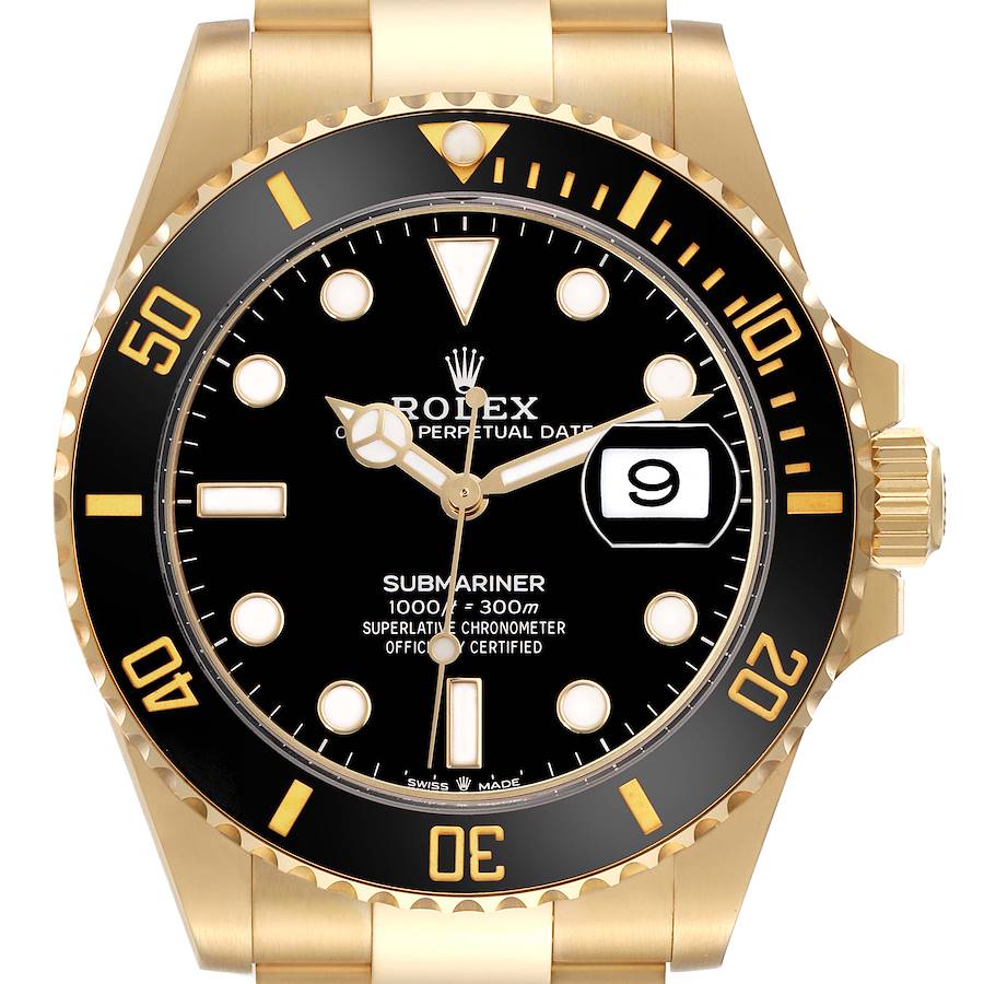 The image shows a front view of a Rolex Submariner, displaying its dial, bezel, crown, and part of the bracelet.