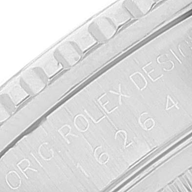 The image shows a close-up of the engraved text on the inner bezel and case rim of a Rolex Turn-o-Graph 16264 Men's Stainless Steel Silver Dial 16264 Men's Stainless Steel Silver Dial watch.