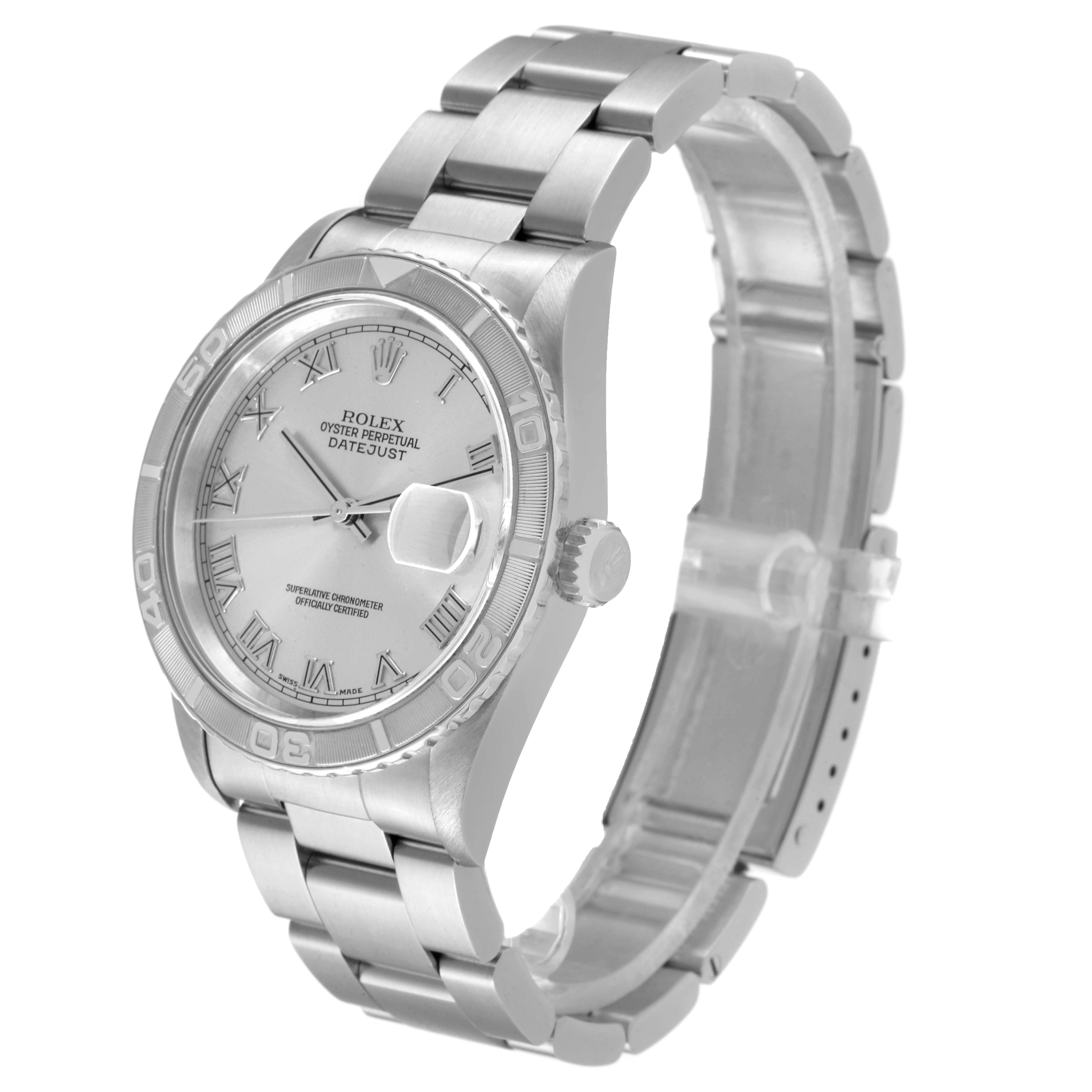 The Rolex Turn-o-Graph 16264 Men's Stainless Steel Silver Dial 16264 Men's Stainless Steel Silver Dial watch is shown at an angled side view, displaying the dial, bezel, crown, and bracelet.