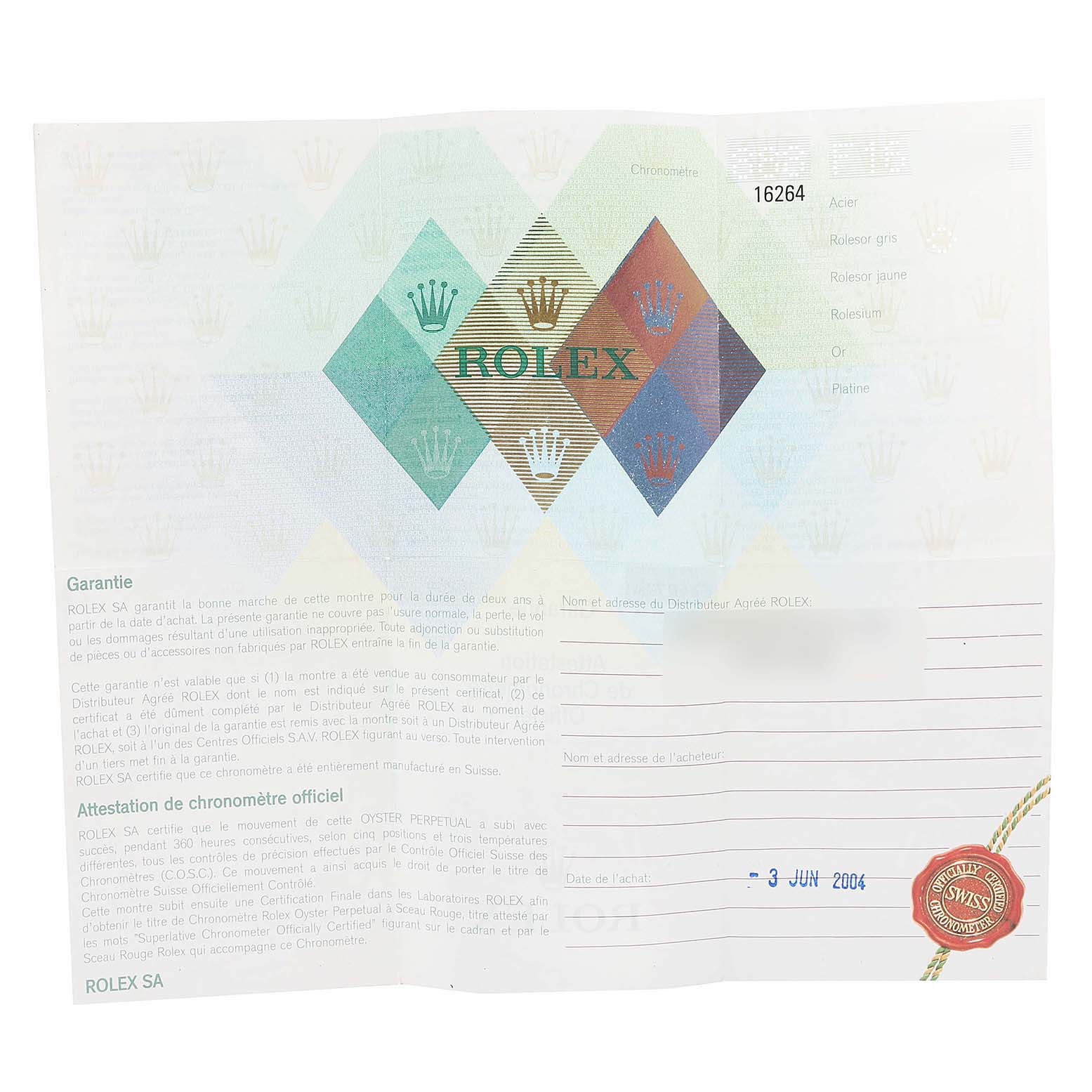 This image shows the official warranty card/paperwork for a Rolex Turn-o-Graph 16264 Men's Stainless Steel Silver Dial 16264 Men's Stainless Steel Silver Dial watch.