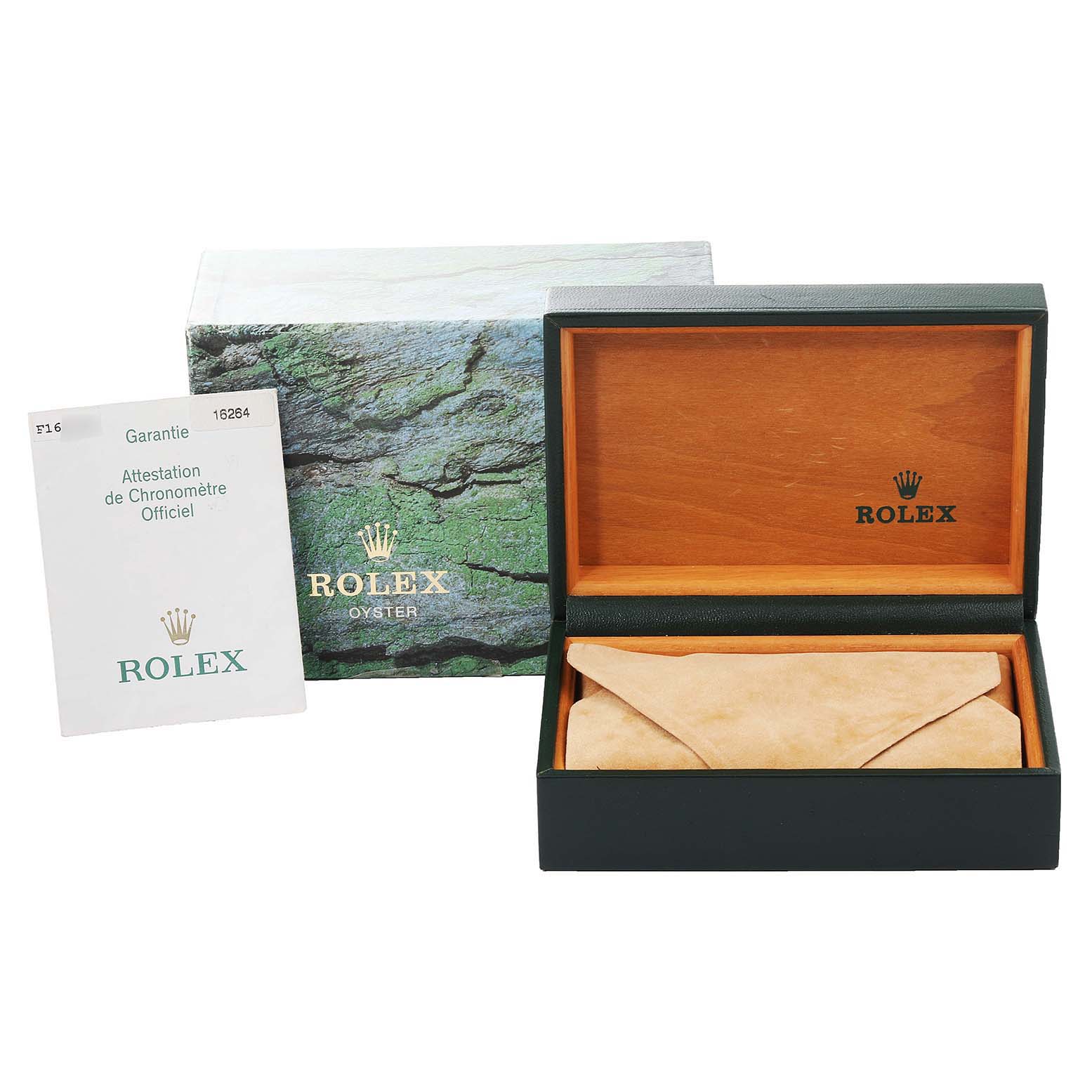 The image shows the display box, outer box, and warranty card for the Rolex Turn-o-Graph 16264 Men's Stainless Steel Silver Dial 16264 Men's Stainless Steel Silver Dial model.