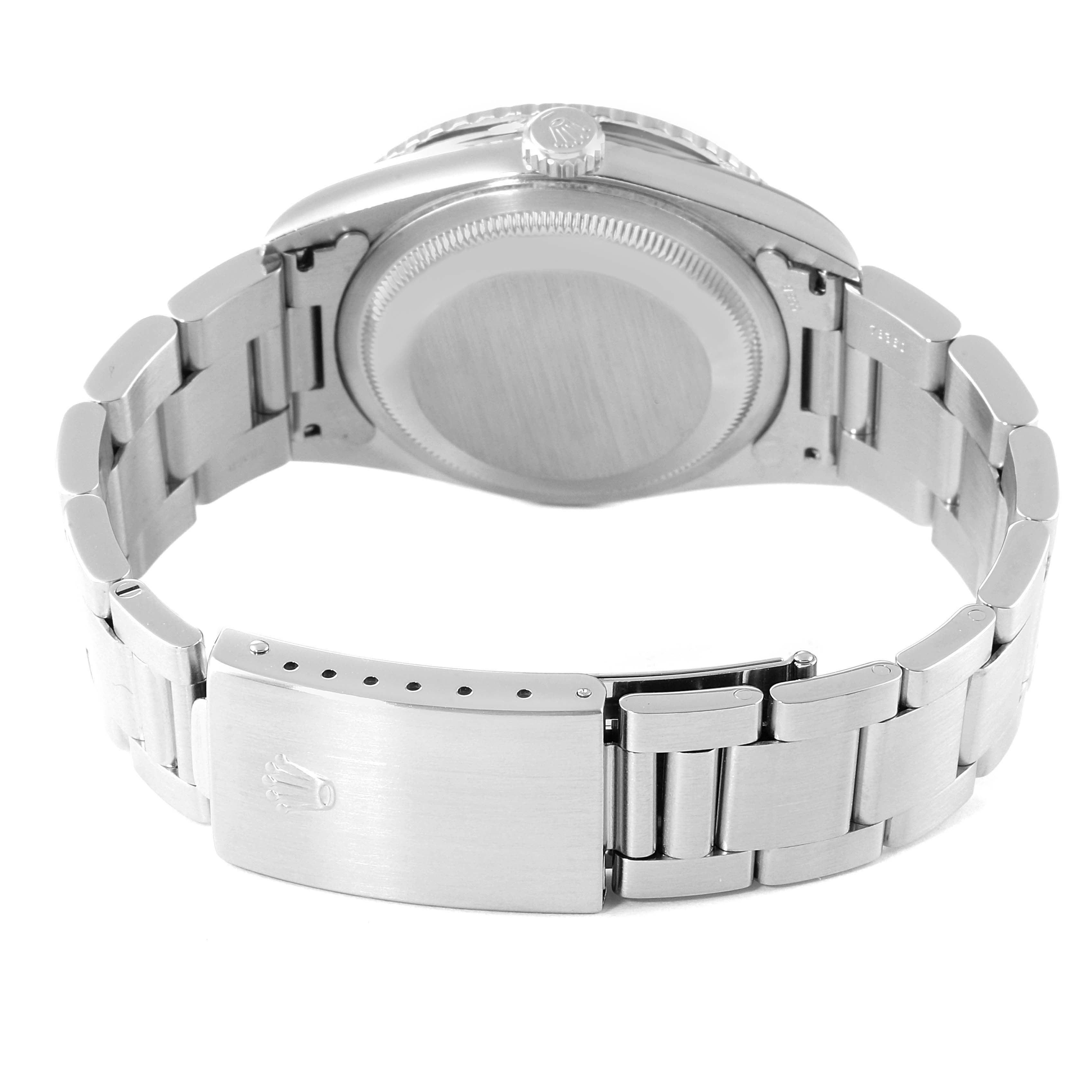 This image shows the back of a Rolex Turn-o-Graph 16264 Men's Stainless Steel Silver Dial 16264 Men's Stainless Steel Silver Dial watch, highlighting the bracelet, clasp, and case back.