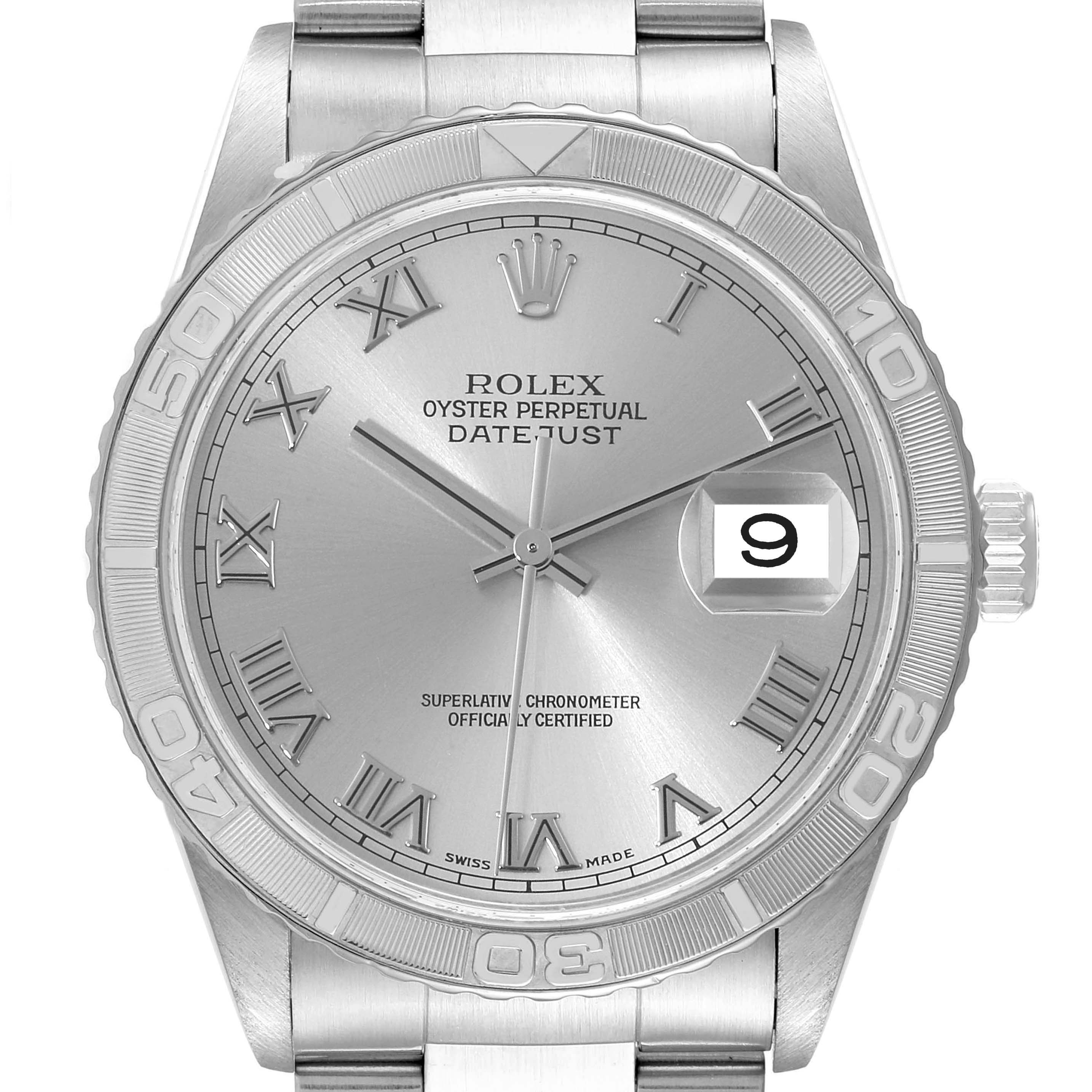 The image shows a front view of the Rolex Turn-o-Graph 16264 Men's Stainless Steel Silver Dial 16264 Men's Stainless Steel Silver Dial watch, highlighting the face, bezel, and part of the strap.