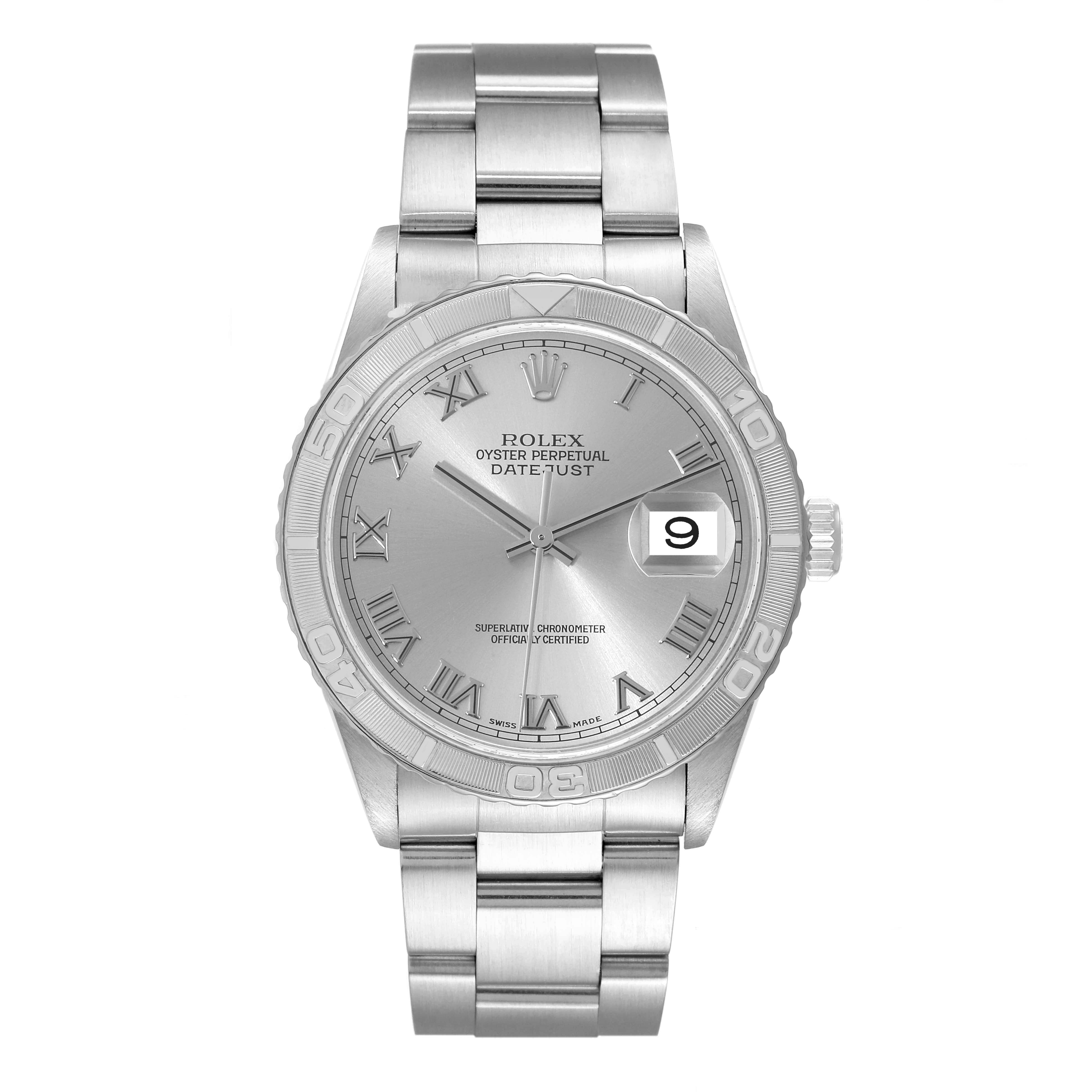 This Rolex Turn-o-Graph 16264 Men's Stainless Steel Silver Dial 16264 Men's Stainless Steel Silver Dial watch is shown from the front, highlighting its face, bracelet, and date display.
