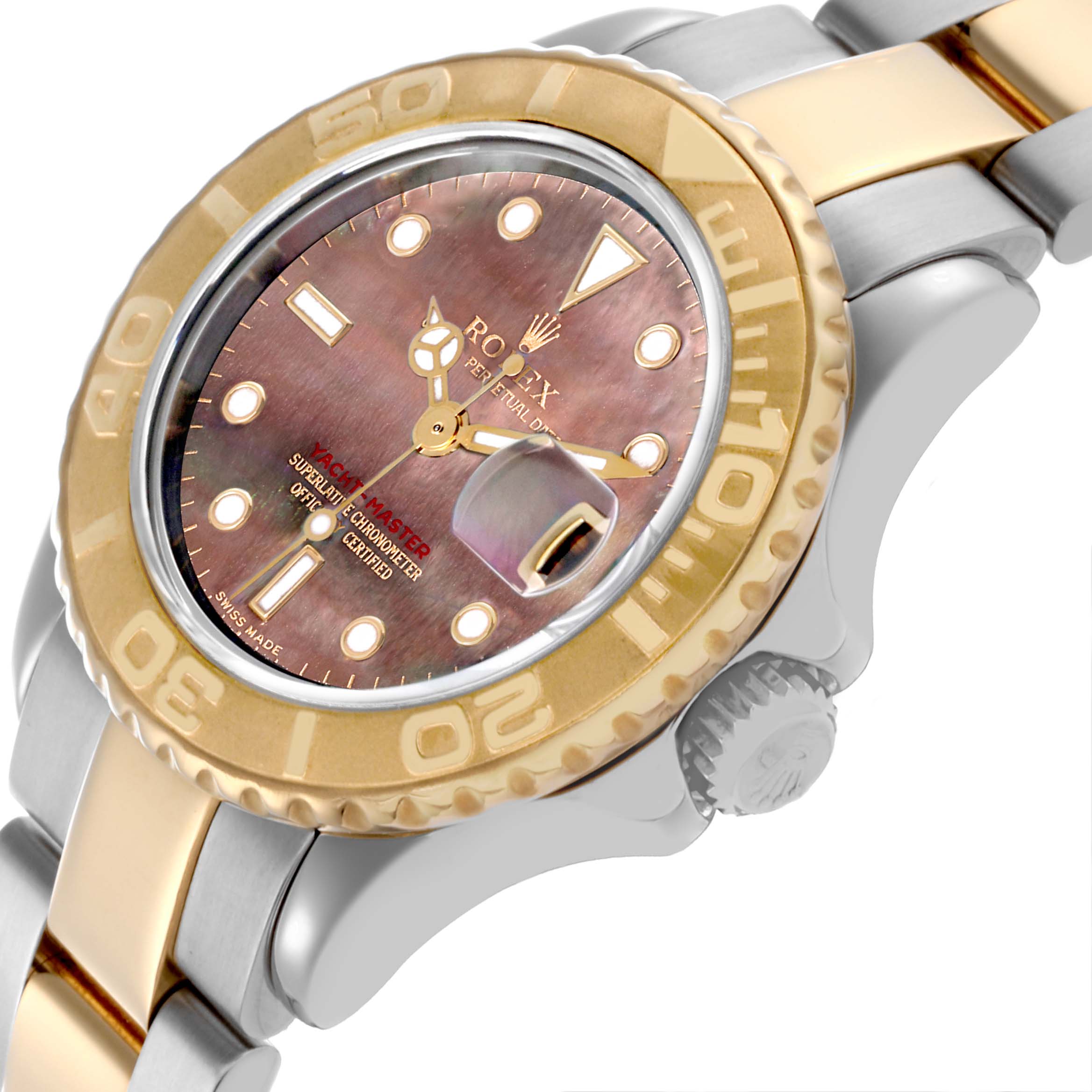 The Rolex Yacht-Master 169623 Women
s Steel and Gold (two tone) Mother of Pearl Dial 169623 Women
s Steel and Gold (two tone) Mother of Pearl Dial watch is shown at an angled view displaying the bezel, dial, crown, and part of the bracelet.