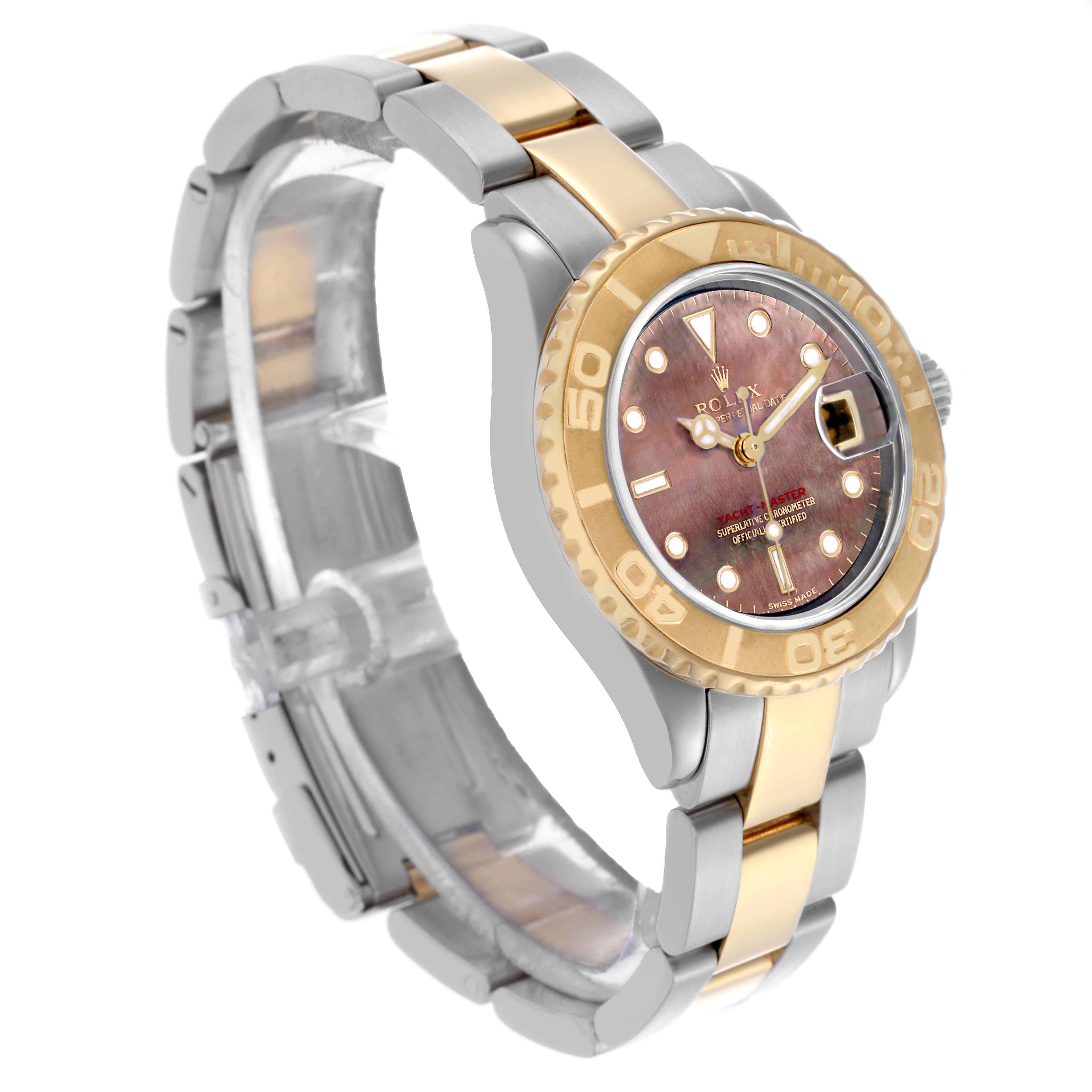 The Rolex Yacht-Master 169623 Women
s Steel and Gold (two tone) Mother of Pearl Dial 169623 Women
s Steel and Gold (two tone) Mother of Pearl Dial watch is shown at a slight angle, highlighting its bezel, dial, and two-tone bracelet.