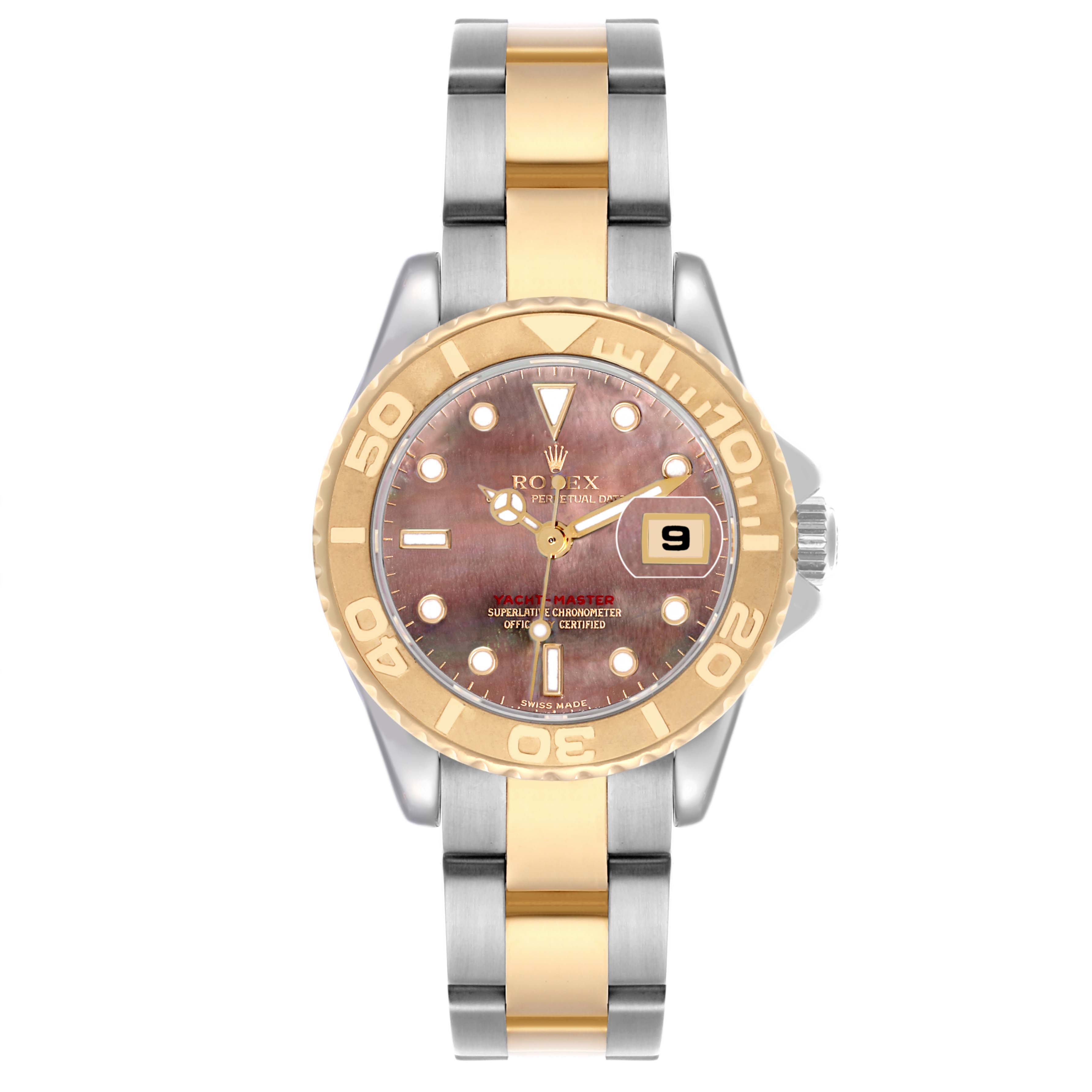 The Rolex Yacht-Master 169623 Women
s Steel and Gold (two tone) Mother of Pearl Dial 169623 Women
s Steel and Gold (two tone) Mother of Pearl Dial watch is shown from a top-down angle, highlighting its dial, bezel, bracelet, and crown.